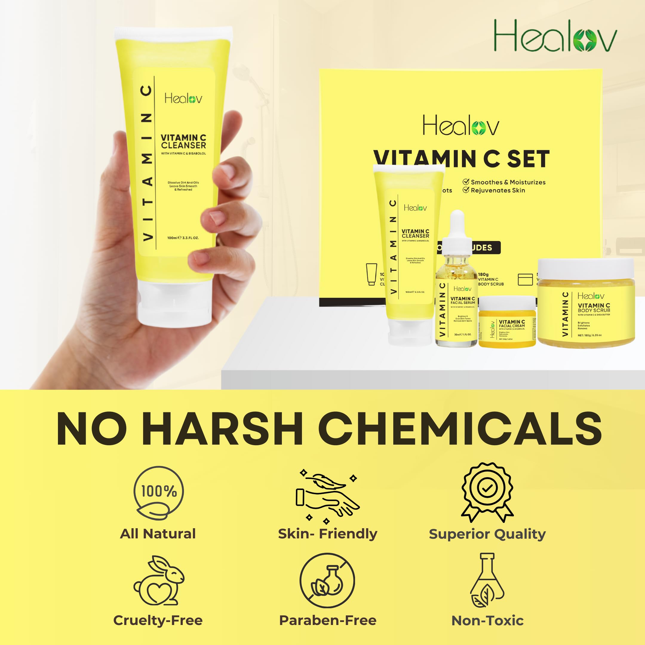 Vitamin C Skincare Set – Hydrating Facial Cleanser, Exfoliating Body Scrub, Face Cream & Anti Aging Serum – Vit C Reduces Dullness, Fine Lines, Wrinkles, Dark Circles – Travel Kit for Youthful Skin