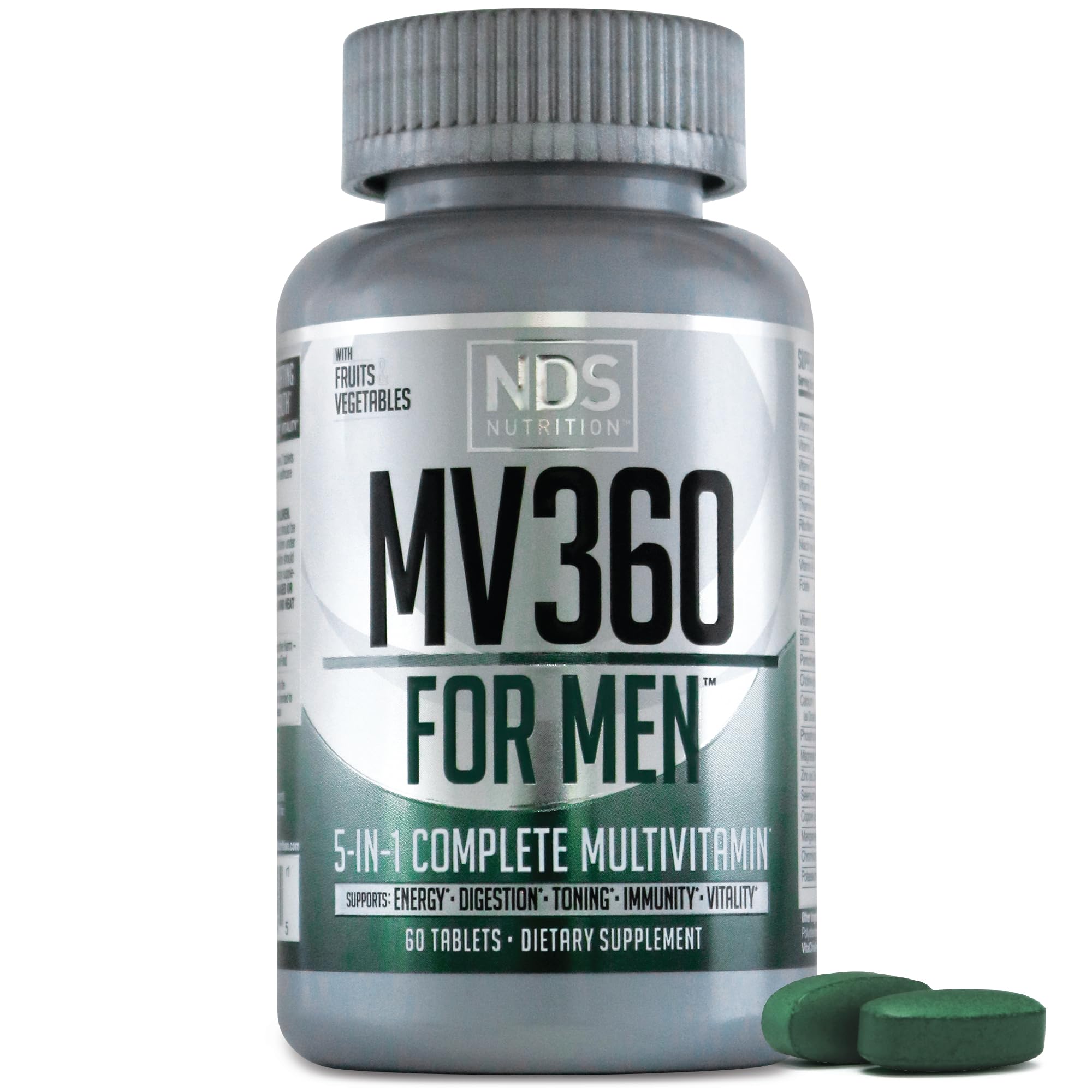 NDS Nutrition MV360 For Men, 5-in-1 Complete Multivitamin for Men with Essential Mens Vitamins for Energy, Digestion, Toning, Immune Support, and Mens Health & Vitality, 60 Tablets, 30 Servings
