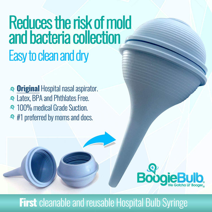 BoogieBulb Baby Nasal Aspirator and Booger Sucker for Newborns Toddlers & Adult - BPA Free - Blue 2 Ounce Bulb Syringe - Safe Nose Cleaner - Cleanable & Reusable Ear Syringe Nose Sucker