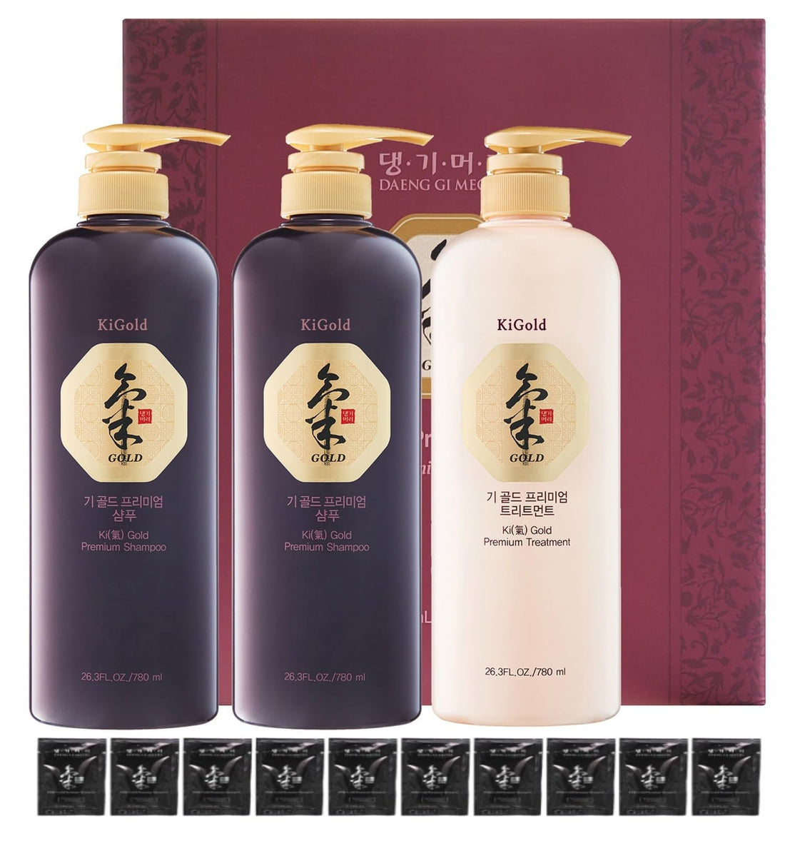 DAENG GI MEO RI - Ki Gold Premium 2 Shampoo 780ml + 1 Treatment 780ml + 10 Traveling Pouch Samples 10ml Set, Samples may vary.