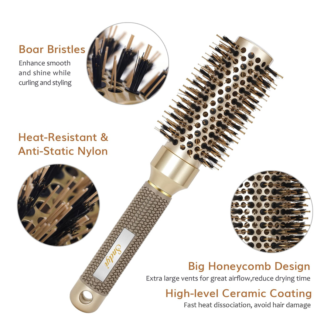 Round Brush for Blow Drying, Nano Thermal Ceramic & Ionic Tech Hair Brush with Boar Bristles, Professional Round Barrel Brush for Styling, Curling and Straightening by Sndyi (2.3Inch, Barrel 1.3 Inch)