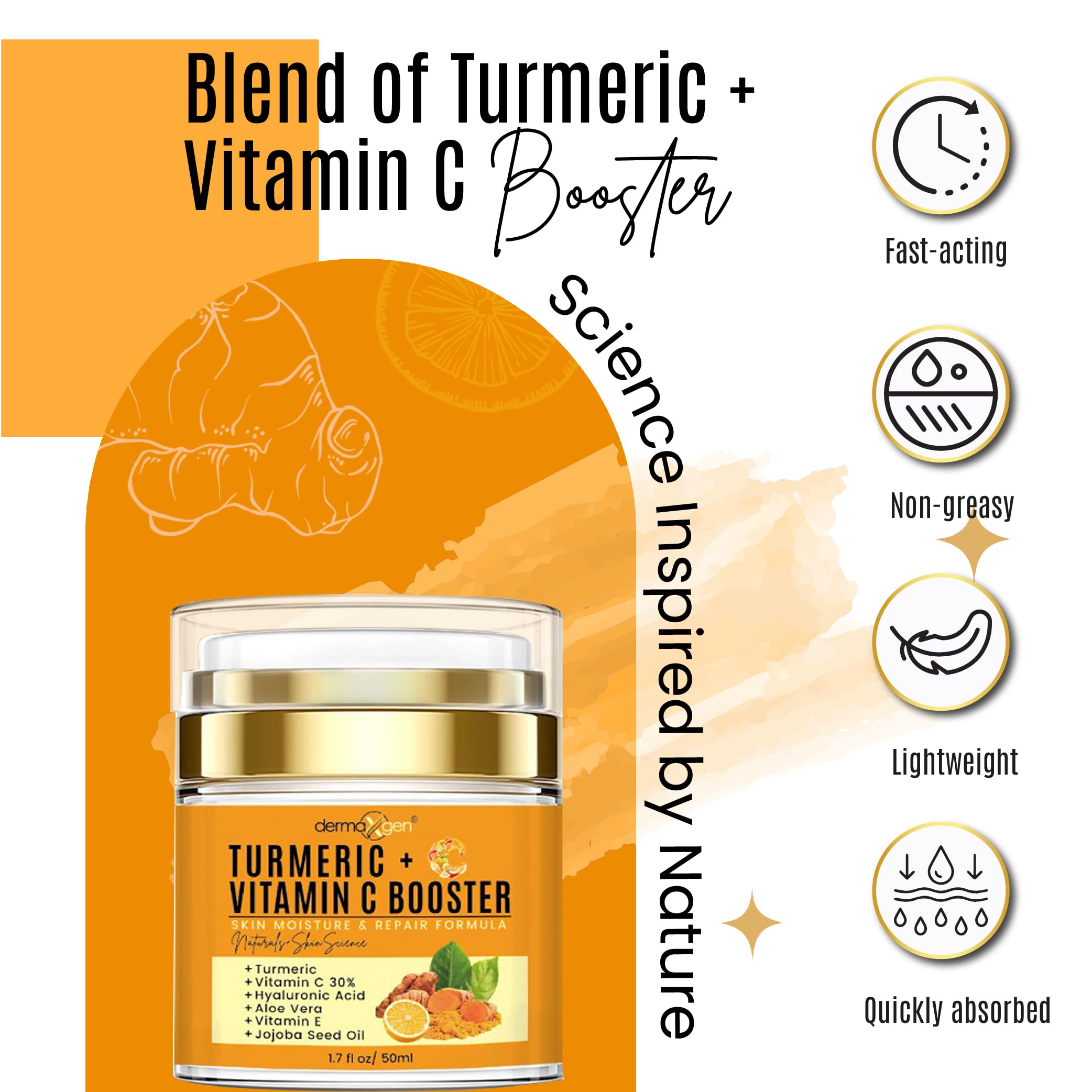 DERMAXGEN Turmeric + 30% Vitamin C Face Glow Booster Moisturizer & Skin Repairing Cream - with Hyaluronic Acid, Organic Ingredients – Hydrating Face Moisturizer for Dry, Normal, Oily Skin – Anti-Aging