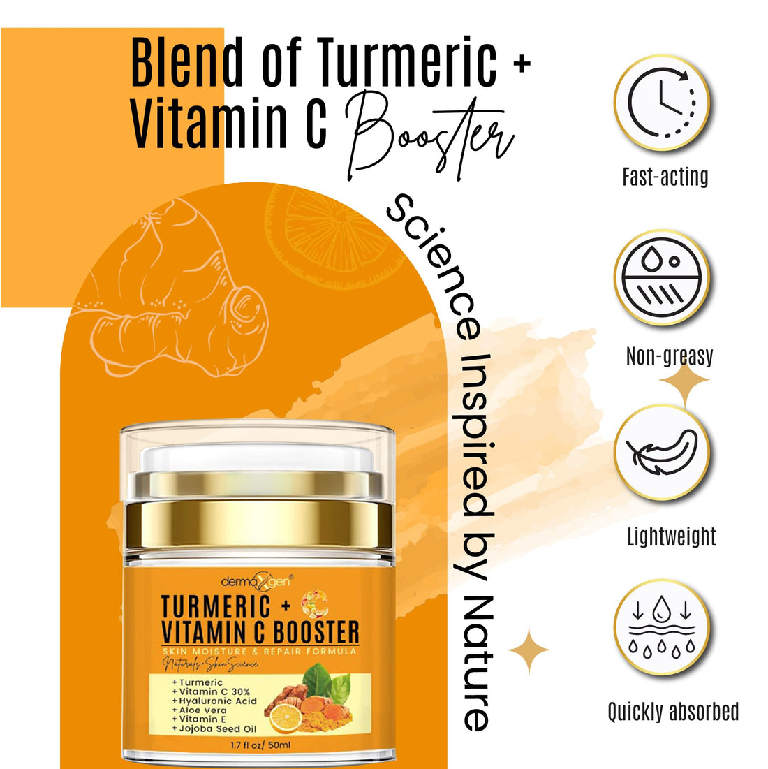 DERMAXGEN Turmeric + 30% Vitamin C Face Glow Booster Moisturizer & Skin Repairing Cream - with Hyaluronic Acid, Organic Ingredients – Hydrating Face Moisturizer for Dry, Normal, Oily Skin – Anti-Aging