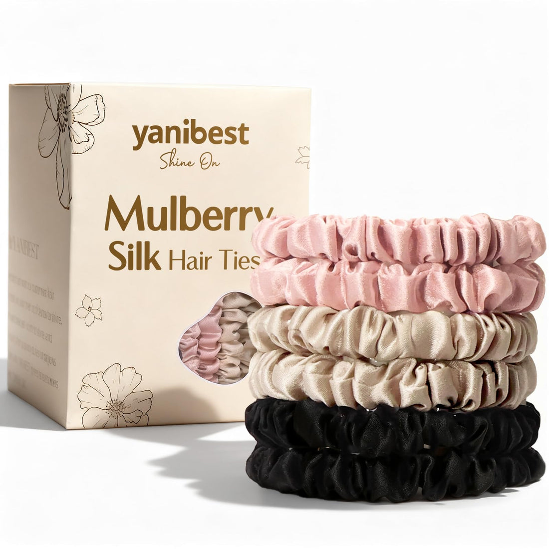 Yanibest 6 pcs 100% Pure Mulberry Silk Scrunchies Non Slip Scrunchies No Damage Silk Hair Ties for Women and Girls, Black Champagne Pink
