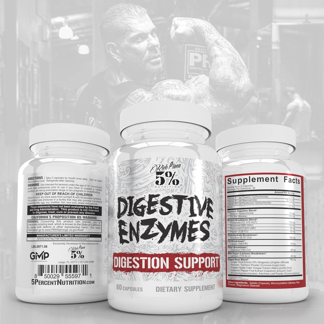 5% Nutrition Rich Piana Digestive Enzymes w/Vitamin B Complex | Enzymes for Protein, Carb, Fat, Fiber & Lactose Breakdown | Betaine, Bromelain, Papain (Papaya), Lipase, Lactase, 60 Veg Caps (30 Svgs)