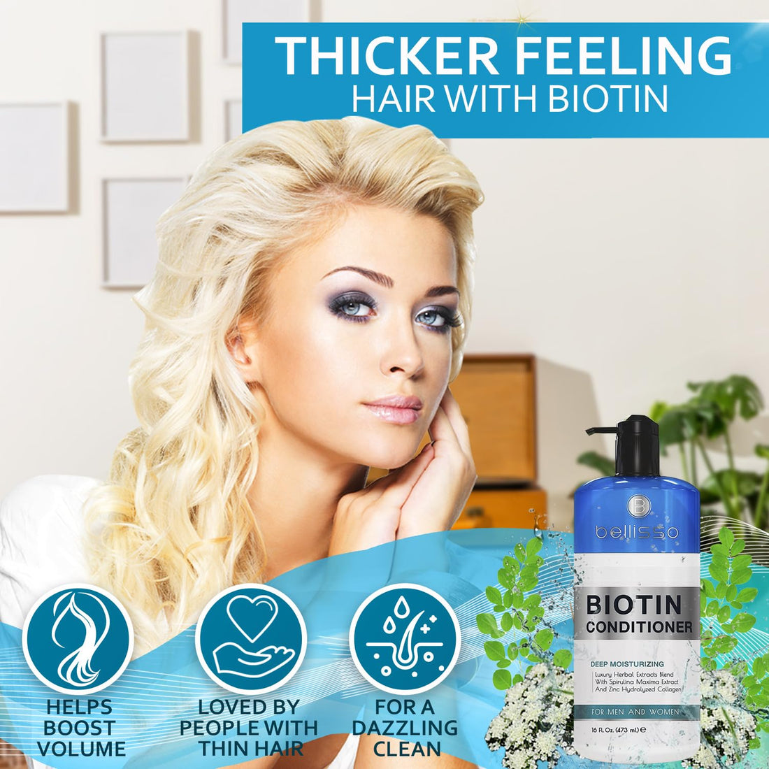 Biotin Conditioner - Sulfate Free Hair Thickening Products for Women and Men - Deep Conditioning Treatment for Dry Damaged Strands - Volumizing Formula Strengthening Curly, Straight and Colored Hair