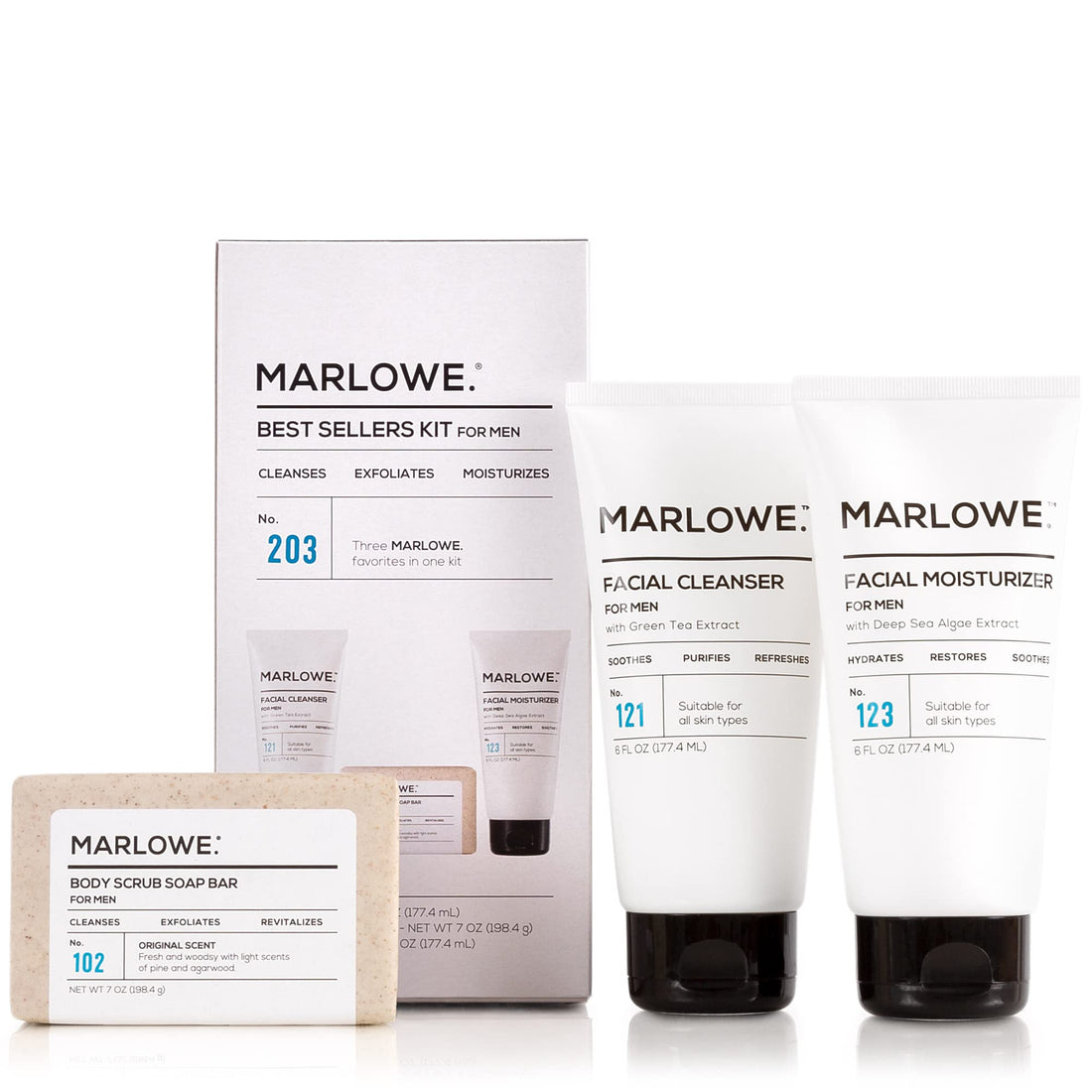 MARLOWE. Best Sellers Kit No. 203, Features Signature No. 102 Original Body Scrub Soap Bar, No. 121 Facial Cleanser & No. 123 Facial Moisturizer, Great Gift for Men