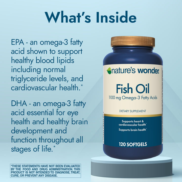 Nature's Wonder Fish Oil 1100 mg Omega-3 Fatty Acids, EPA & DHA for Healthy Joints, Heart, Immune System, 120 Day Supply of Softgels