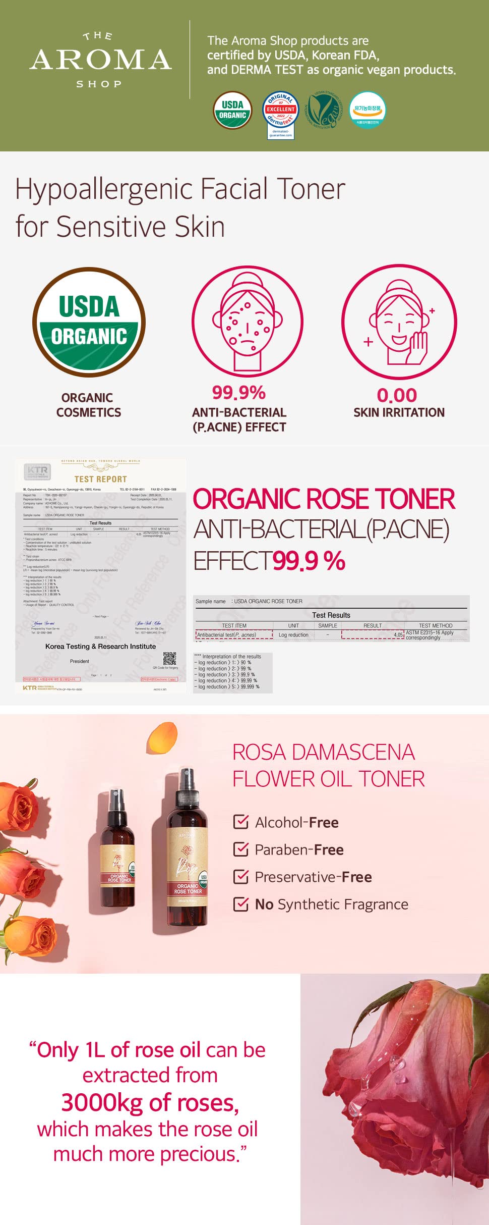 [USDA Certified] TheAromaShop Organic Rose Toner atonanda Chemical-Free Moisturizing Soothing 100% Natural Face Toner Sensitive Irritated Skin Pure Rose Oil Clean Beauty – 3.38 Fl Oz