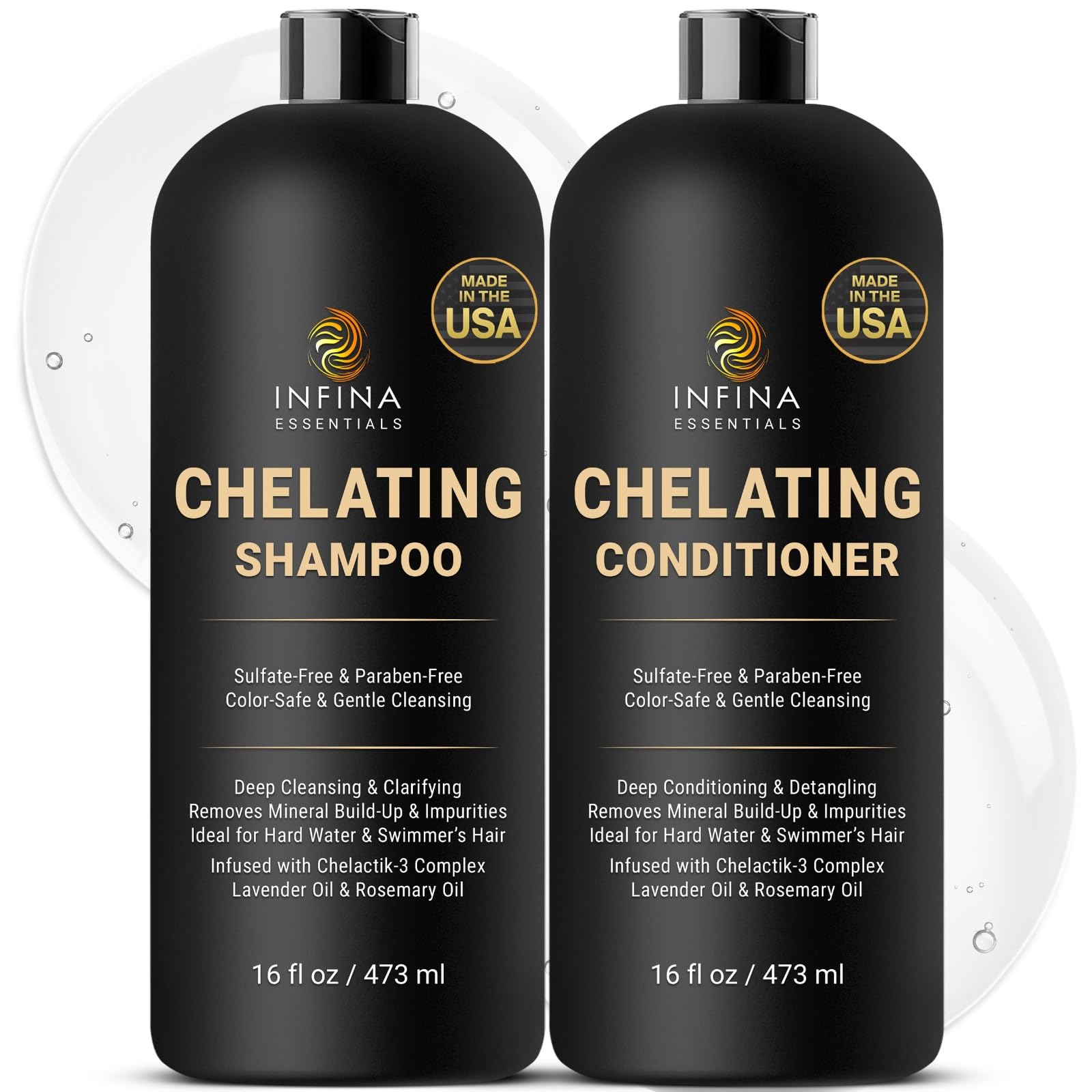 INFINA ESSENTIALS Chelating Hard Water Shampoo and Conditioner Set with Chelactik-3 & Rosemary Oil - Color Safe Metal Detox Shampoo and Conditioner for Mineral Build-Up & Swimmers Hair - 16 fl oz each
