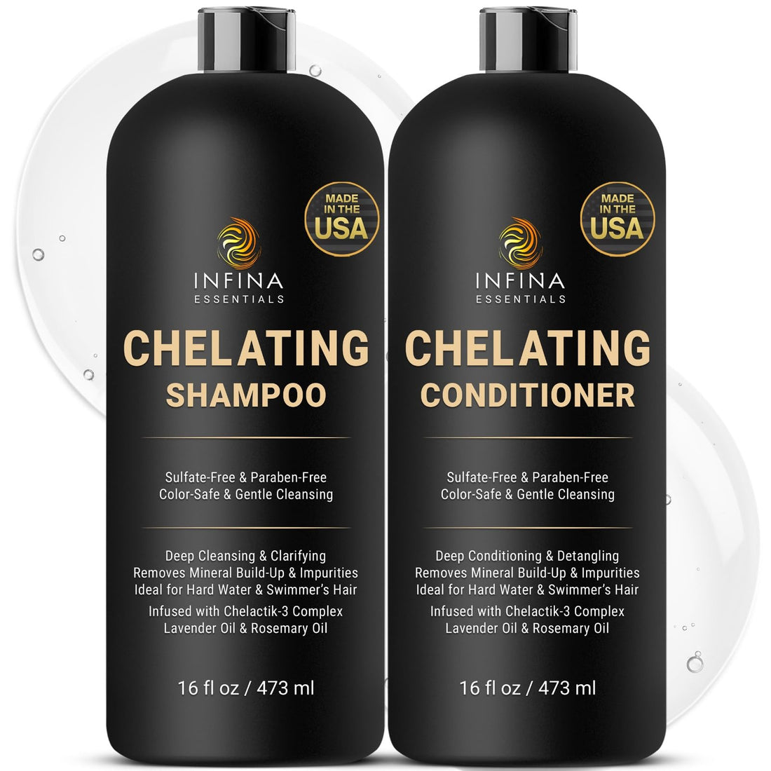 INFINA ESSENTIALS Chelating Hard Water Shampoo and Conditioner Set with Chelactik-3 & Rosemary Oil - Color Safe Metal Detox Shampoo and Conditioner for Mineral Build-Up & Swimmers Hair - 16 fl oz each