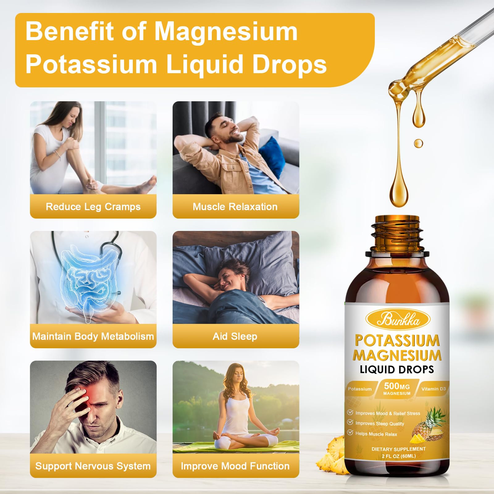 Bunkka Potassium Magnesium Supplement, Potassium Supplement with Magnesium, Calcium, Vitamin D3, Zinc, Sugar Free & Vegan Liquid Drops for Leg Cramps, Energy, Metabolism, for Adult and Kid