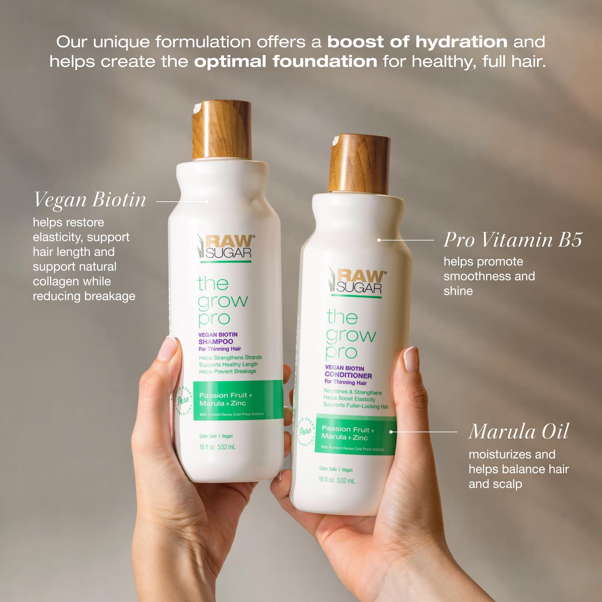 Raw Sugar Grow Pro Hair Care Bundle- Shampoo & Conditioner with Vegan Biotin for Anti-Thinning & Pro-Lengthening, Passion Fruit & Marula for Fuller Hair, Formulated without Sulfates + Parabens