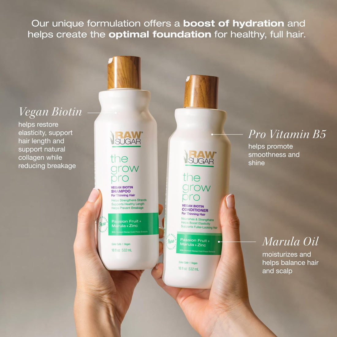 Raw Sugar Grow Pro Hair Care Bundle- Shampoo & Conditioner with Vegan Biotin for Anti-Thinning & Pro-Lengthening, Passion Fruit & Marula for Fuller Hair, Formulated without Sulfates + Parabens