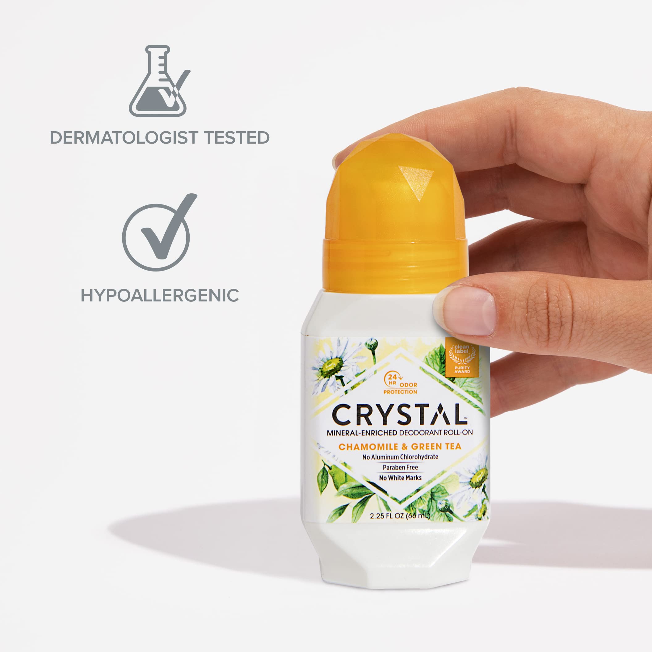 Crystal Deodorant - Mineral Roll on Vegan Deodorant for Women and Men, Chamomile & Green Tea - 2.25 fl. oz. (3 Pack) (Packaging May Vary)