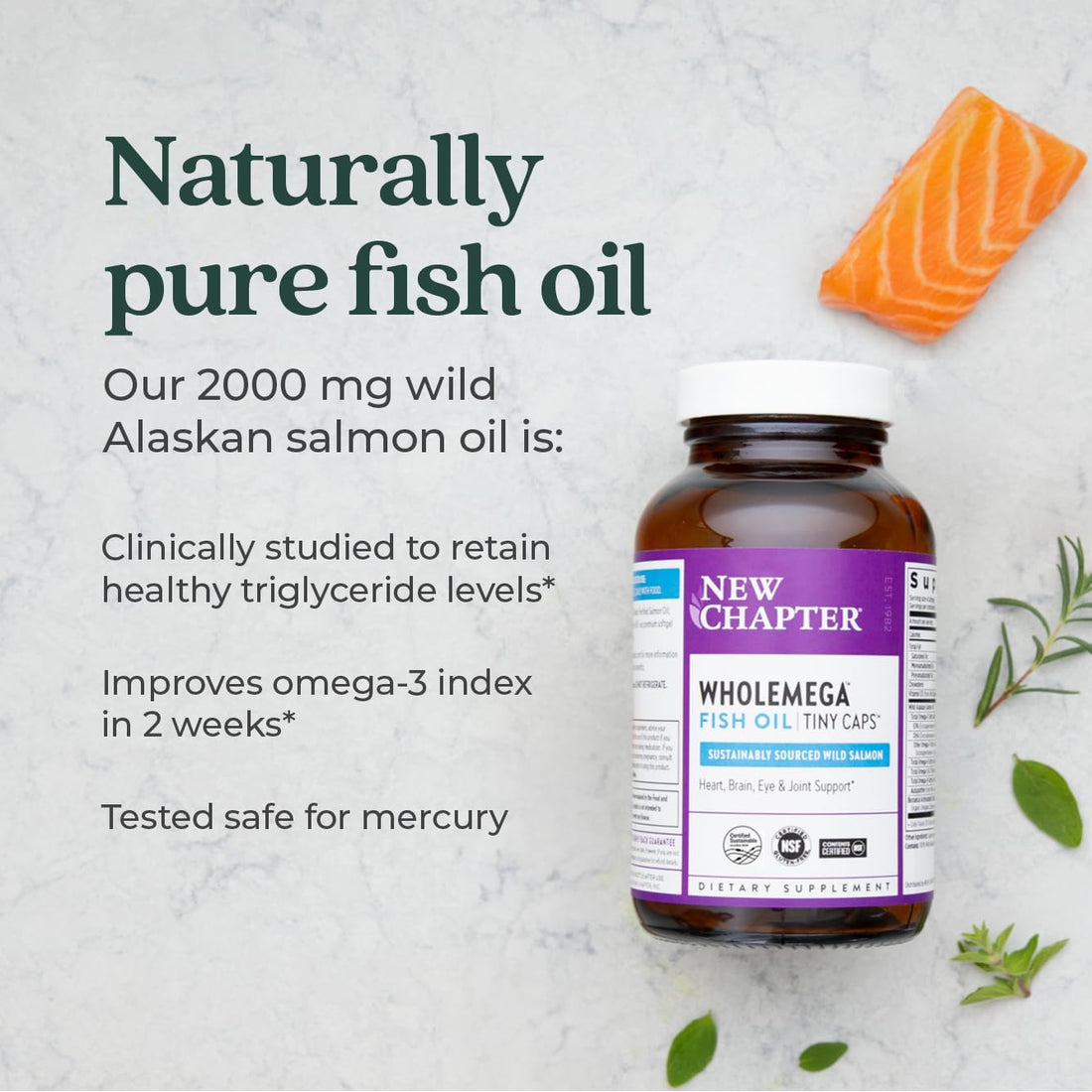 New Chapter Wholemega Fish Oil Supplement - Wild Alaskan Salmon Oil with Omega-3 + Vitamin D3 + Astaxanthin + Sustainably Caught - 180 ct Tiny Caps, 500mg Softgels