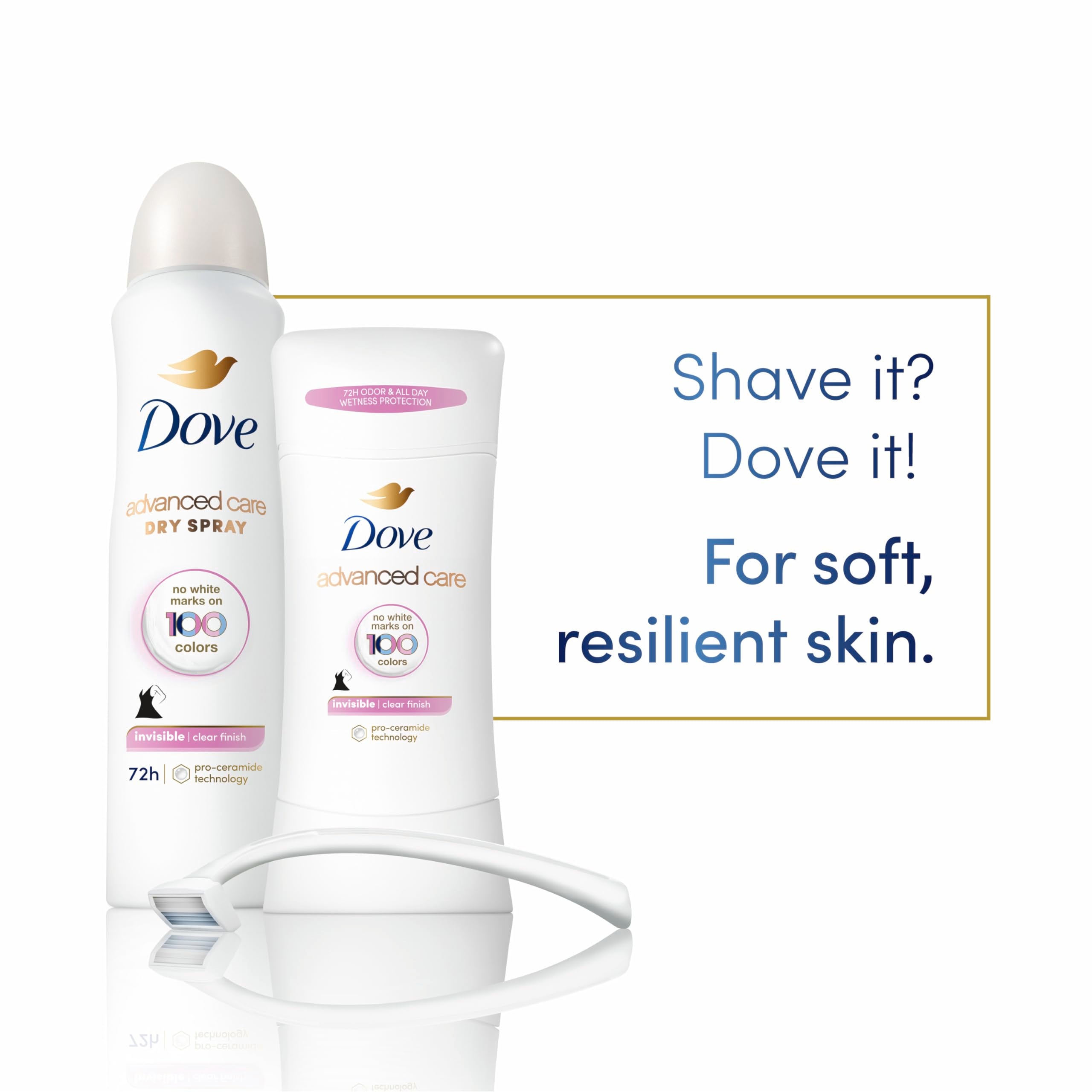 Dove Advanced Care Invisible Antiperspirant Deodorant Stick No White Marks on 100 Colors Clear Finish 48-Hour Sweat and Odor Protecting Deodorant for Women 2.6 oz