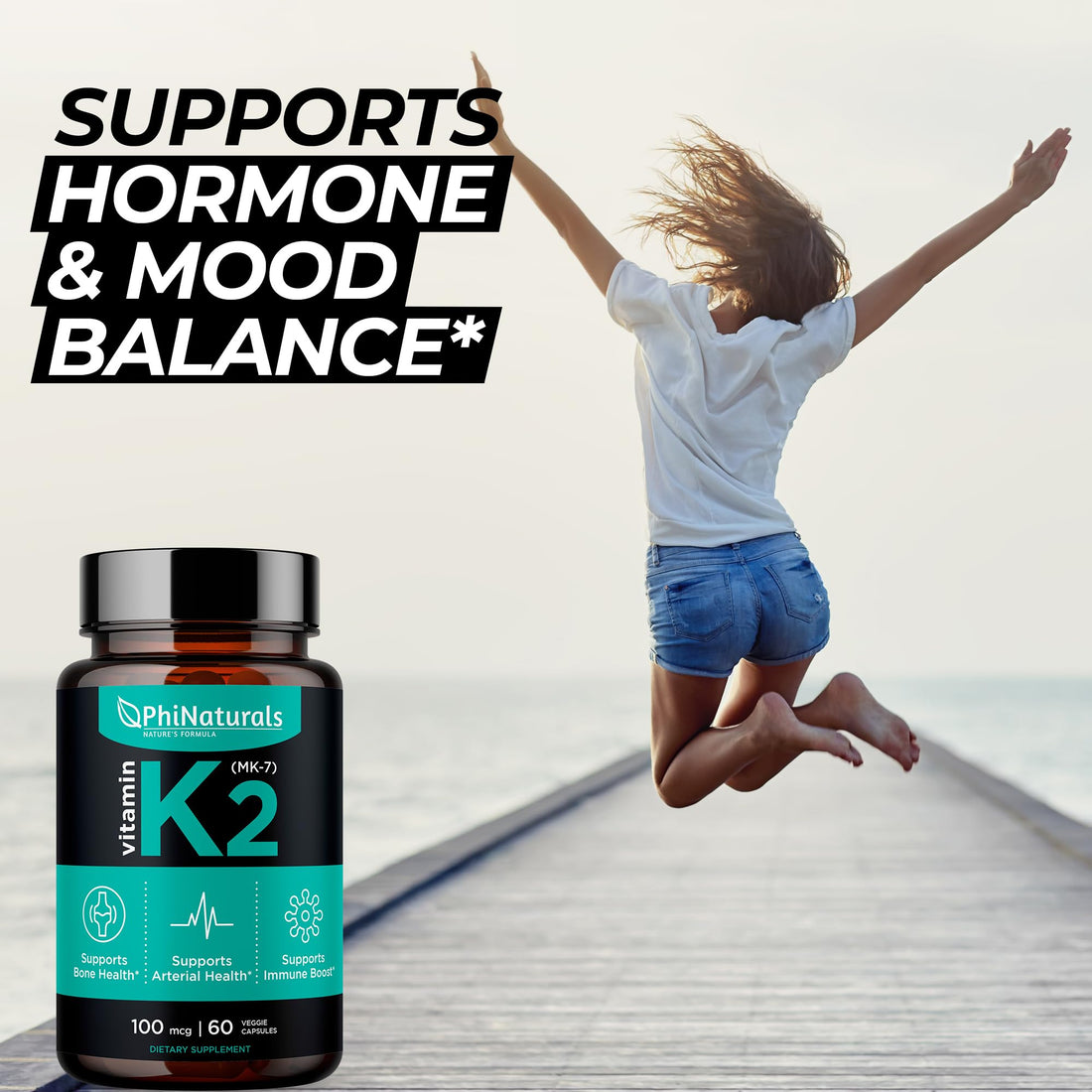 PhiNaturals Vitamin K2 Mk7 100 mcg Vegan 60 Capsules Bone Health Heart Cardiovascular Arteries - VIT k-2 MK-7 100mcg Supplement from Natto