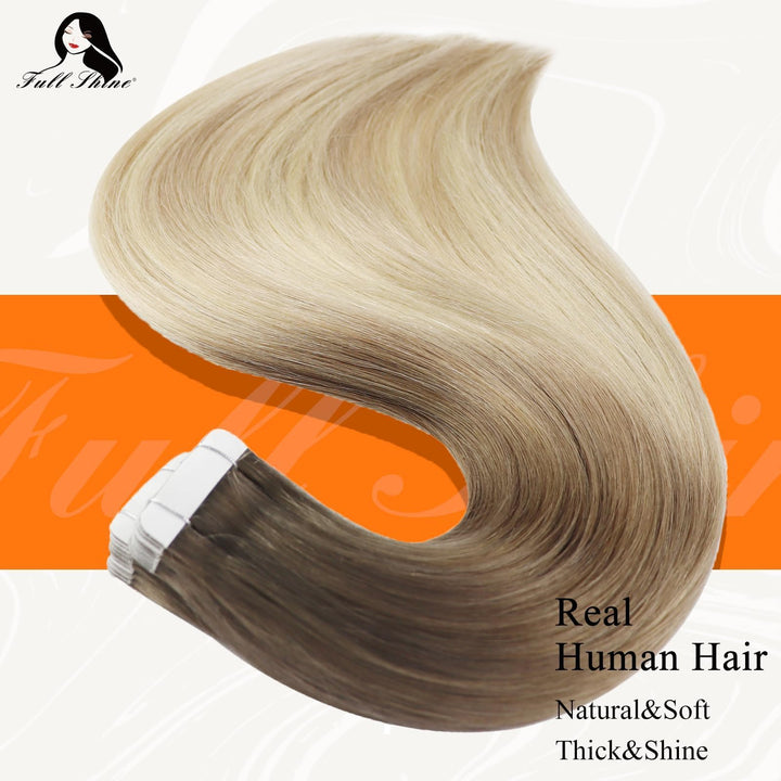 Full Shine 16 Balayage Tape in Extensions Glue in Hair Extensions Human Hair Ombre Color #8 Ash Brown Fading to Blonde #60 and #18 20Pcs 50 Gram