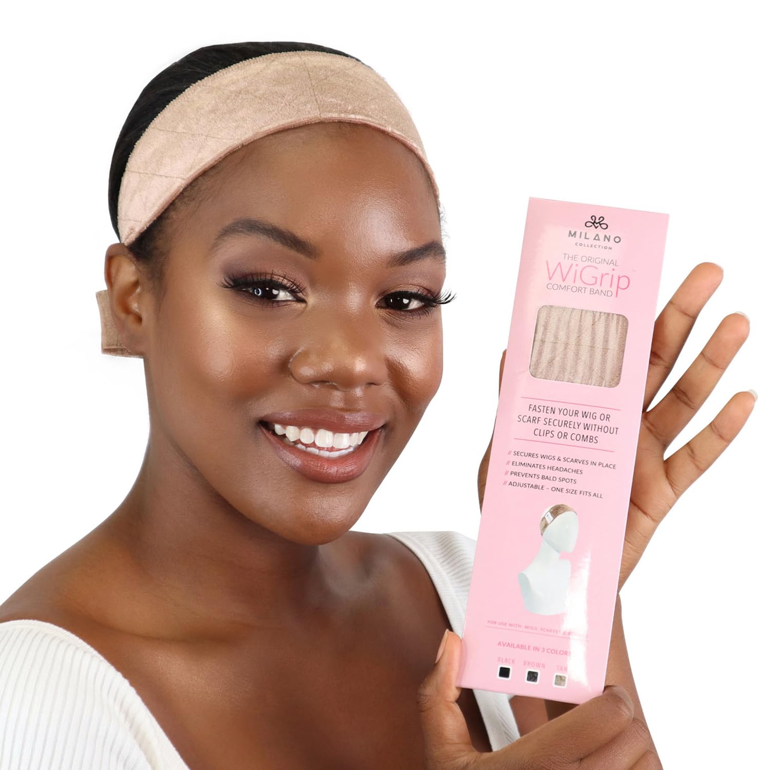MILANO COLLECTION WiGrip, The Original Comfort Grip Band, Adjustable Wig Band for Tension-Free Glueless Wig, Nonslip Wig Headband, Tension-Free, One Size Fits All, Tan