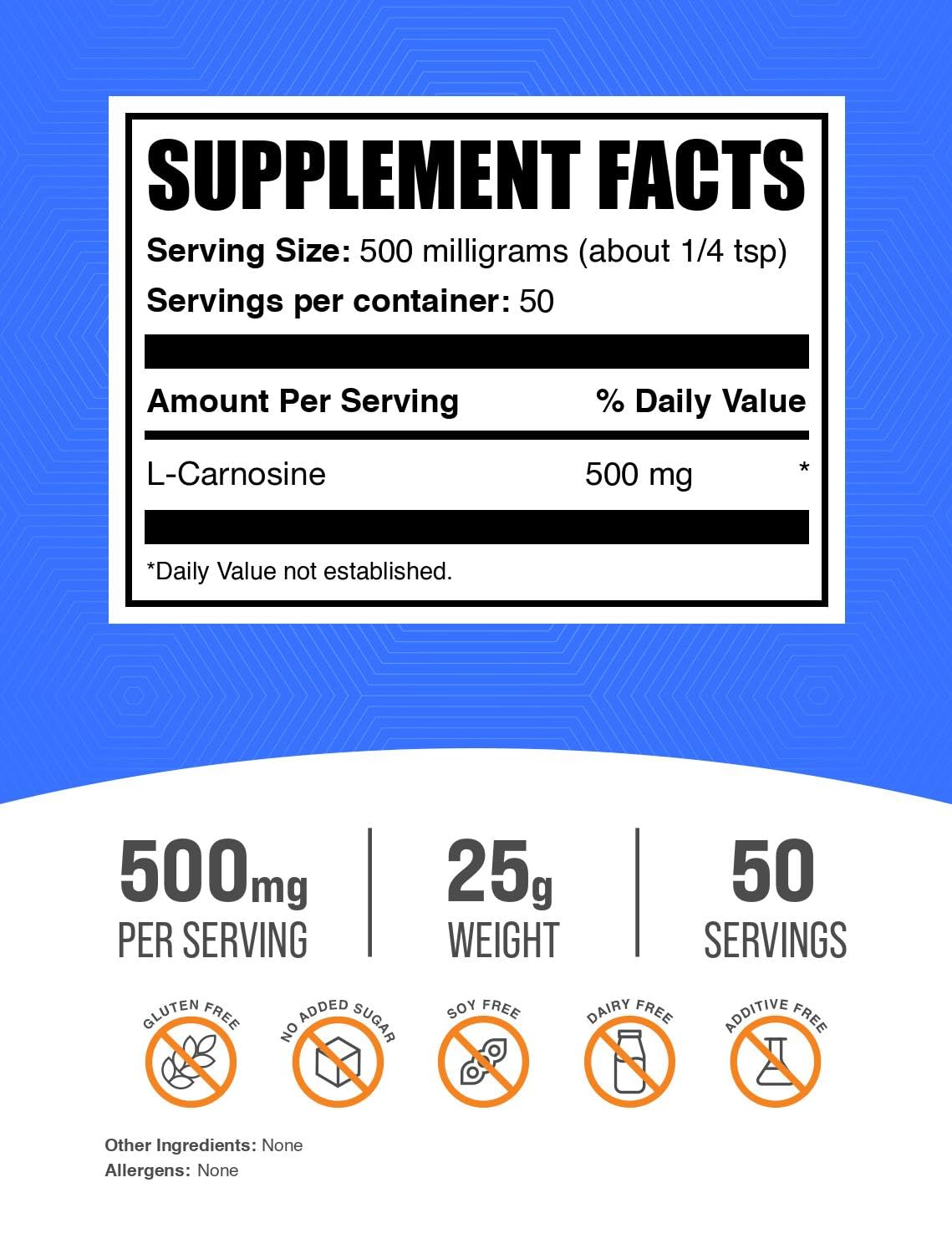 BulkSupplements.com L-Carnosine Powder - Carnosine Supplement, Carnosine 500mg - Amino Acid Supplement, Gluten Free, 500mg per Serving, 25g (0.88 oz) (Pack of 1)