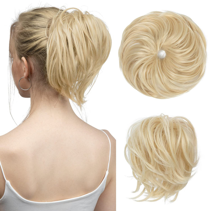 SARLA Light Silver Grey Synthetic Wavy Curly Ponytail Extension Scrunchies 2PCS Updo Messy Bun Hair Piece for Women Girls