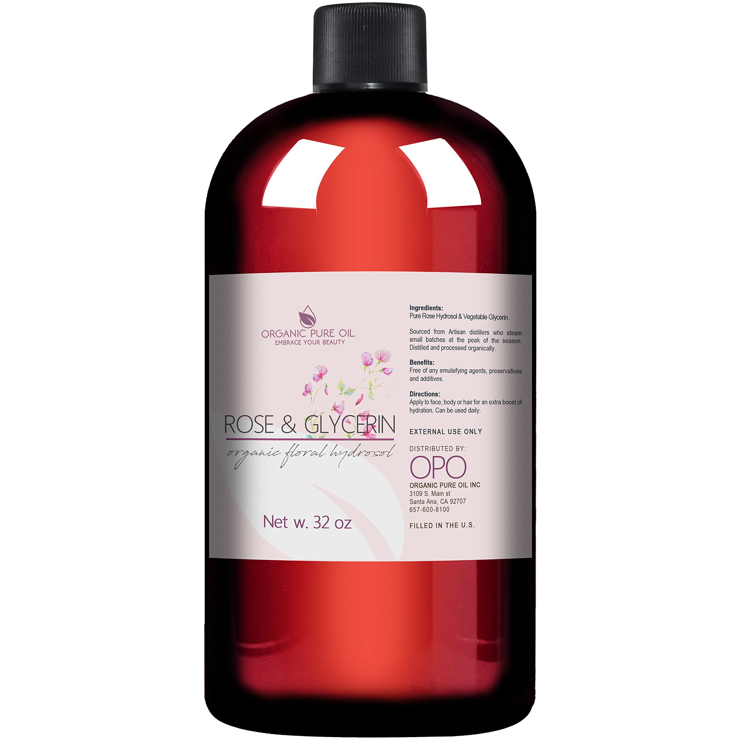 Rosewater Glycerin Mist Toner Bulk Spray Facial Body Floral Cleanser Pure Rose Hydrosol Vegetable Glycerine Moisturizing Cleansing Toning Mix Face Skin Hair Body - Packaging May Vary (32 Ounces)