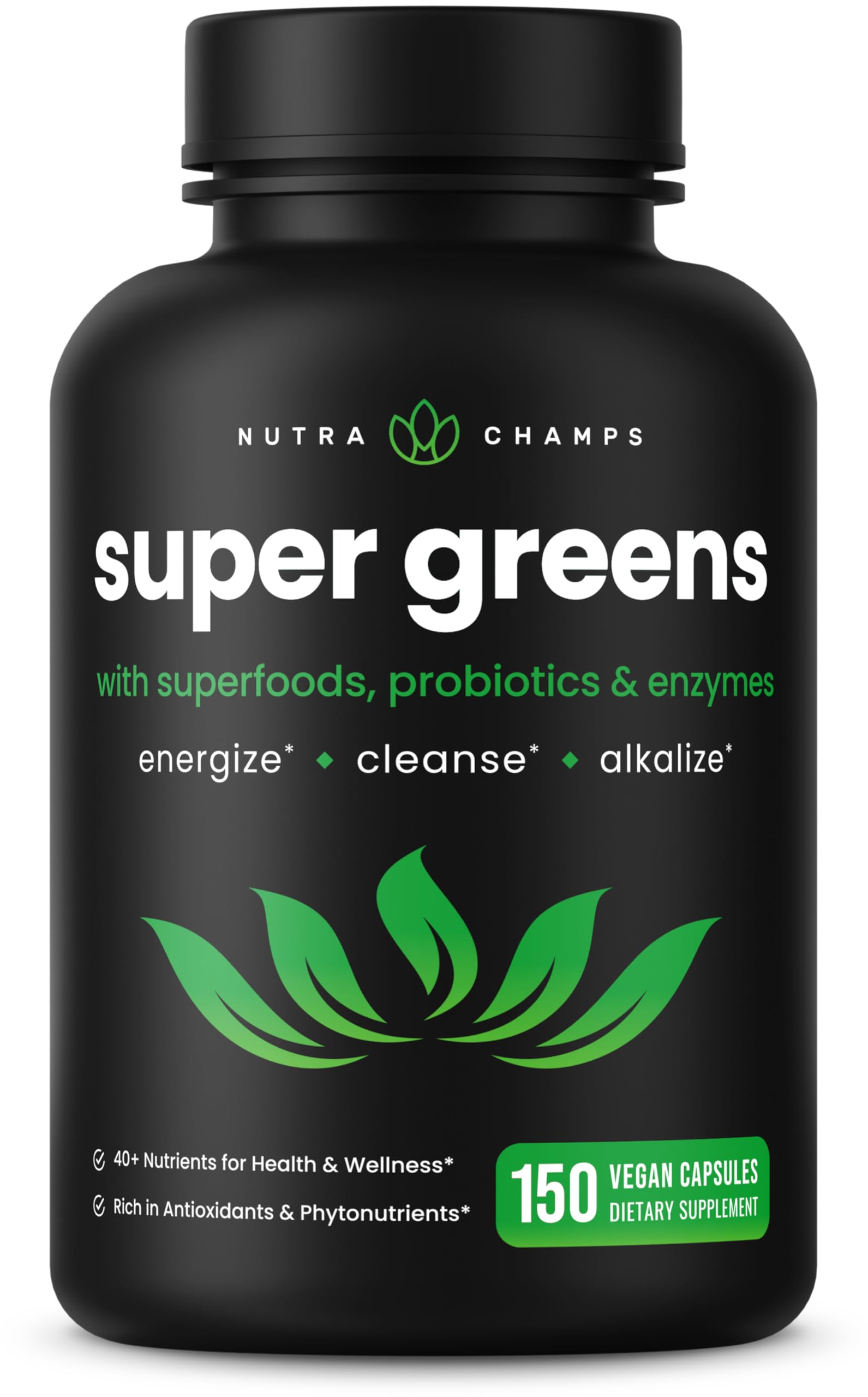 NutraChamps Organic Super Greens Capsules - Alfalfa, Spirulina, Chlorella & More - Antioxidant, Digestive Enzyme & Probiotic Blends - 150 Green Superfood Capsules