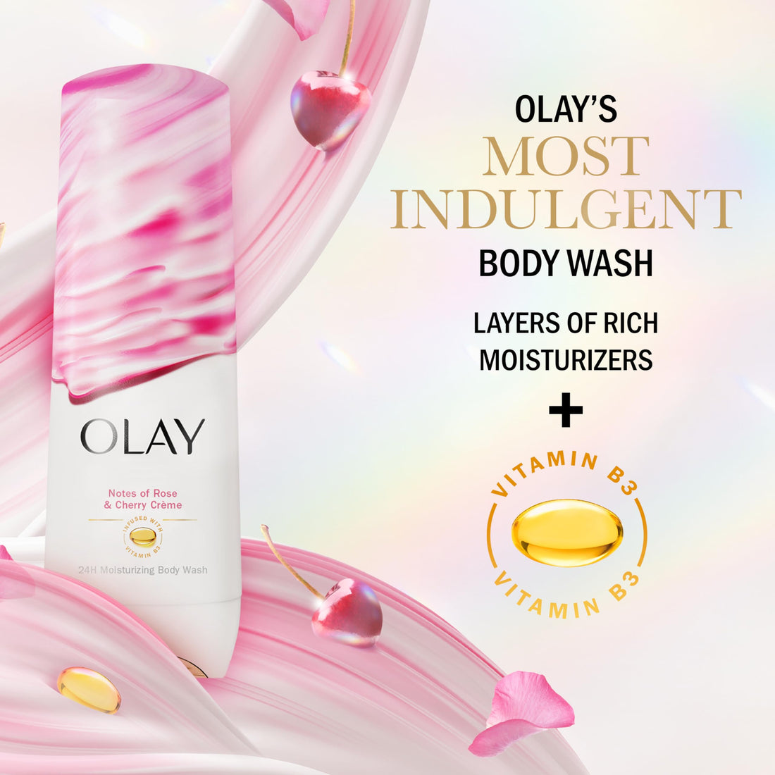 Olay Body Wash for Women, Indulgent Moisture, 24hr Moisturizing & Nourishing Formula, Infused with Vitamin B3 Complex, Luxurious Fragrances, Rose & Cherry Creme Scent, 20 fl oz