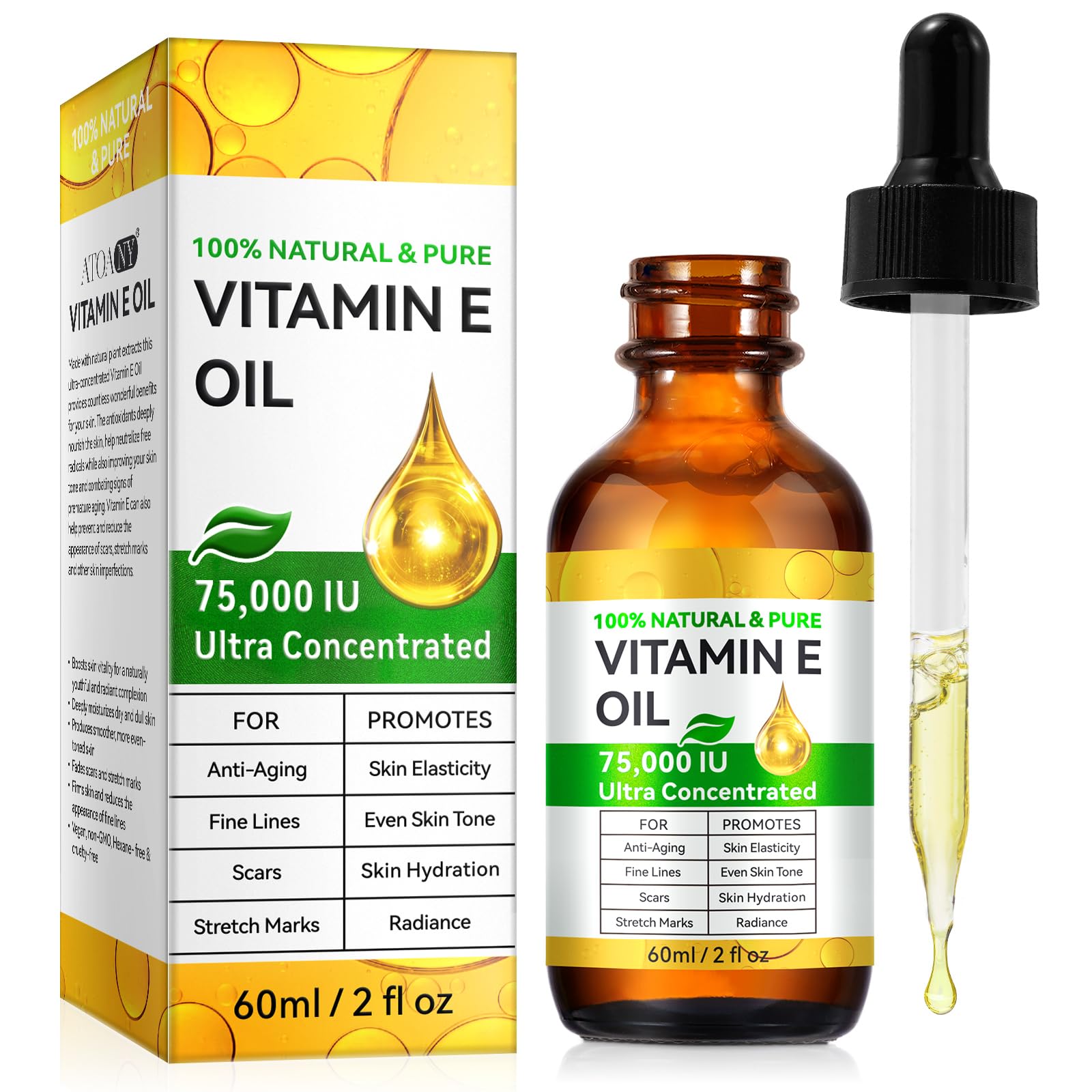 ISUNRISE Vitamin E Oil, 75000 IU Ultra Concentrated, 100% Natural Body Oil Moisturizing Dry Skin, Pure Vitamin E Oil for Skin, Scars, Face, Hair, Nails, Hexane-Free, Non-GMO, 2 Fl Oz