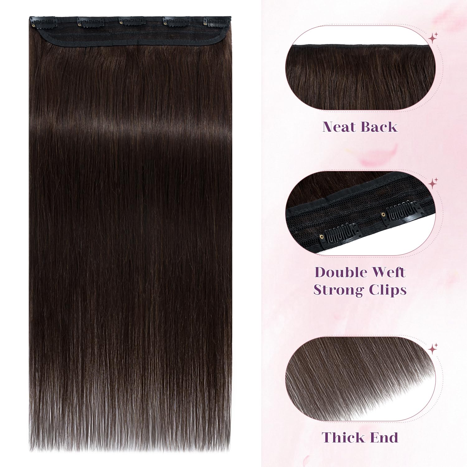 S-noilite 22inch Clip in Human Hair Extensions One Piece 5 Clips 3/4 Full Head Soft Silky Clip on Remy Hair For Women Gift 55g #2 Dark Brown