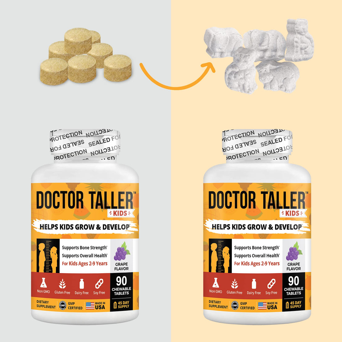 Doctor Taller Kids - Kids Multivitamins, Toddler Vitamins - Support Bone Strength, Enhanced Immunity with Calcium, Multivitamins for Ages 2 to 9 - Grape Flavor - 90 Vegan Chewable Tablets | 1 Pack