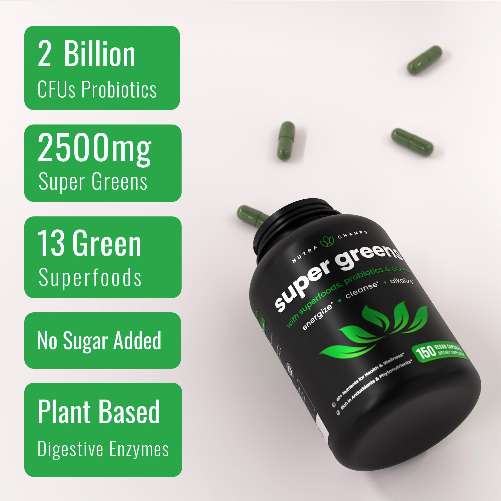 NutraChamps Organic Super Greens Capsules - Alfalfa, Spirulina, Chlorella & More - Antioxidant, Digestive Enzyme & Probiotic Blends - 150 Green Superfood Capsules