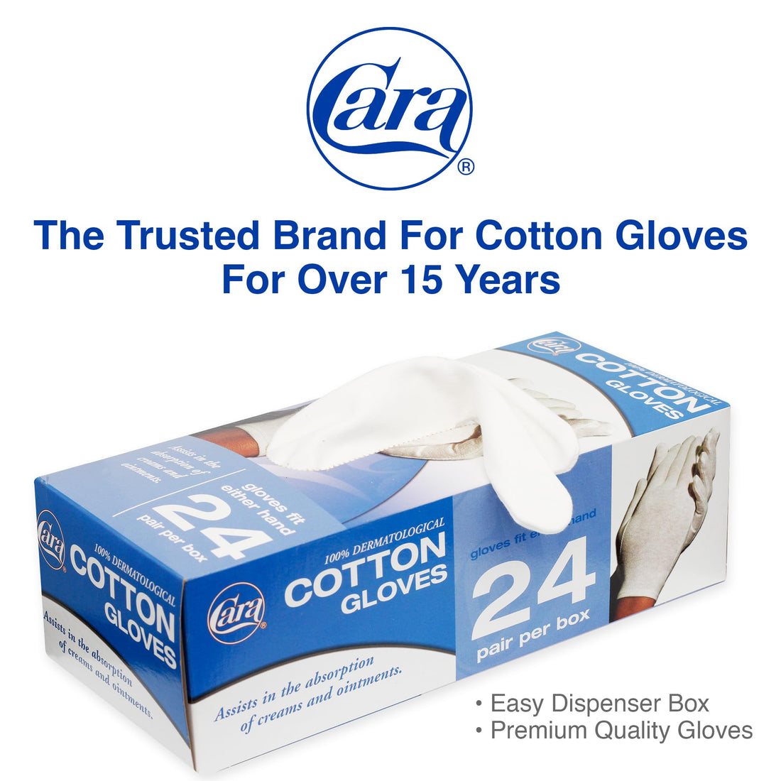 CARA Dermatological Cotton Gloves, Extra Large, 24 Pair