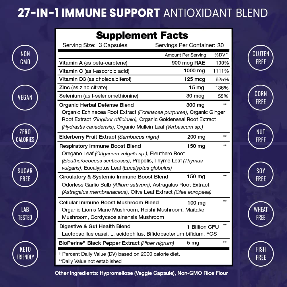 NutraChamps 27 in 1 Immune Support Supplement, 90 Immune Defense Capsules, 1000mg Vitamin C, 5000 IU D3, Elderberry, Zinc, 1 Billion CFU Probiotics & More (Pack of 2)