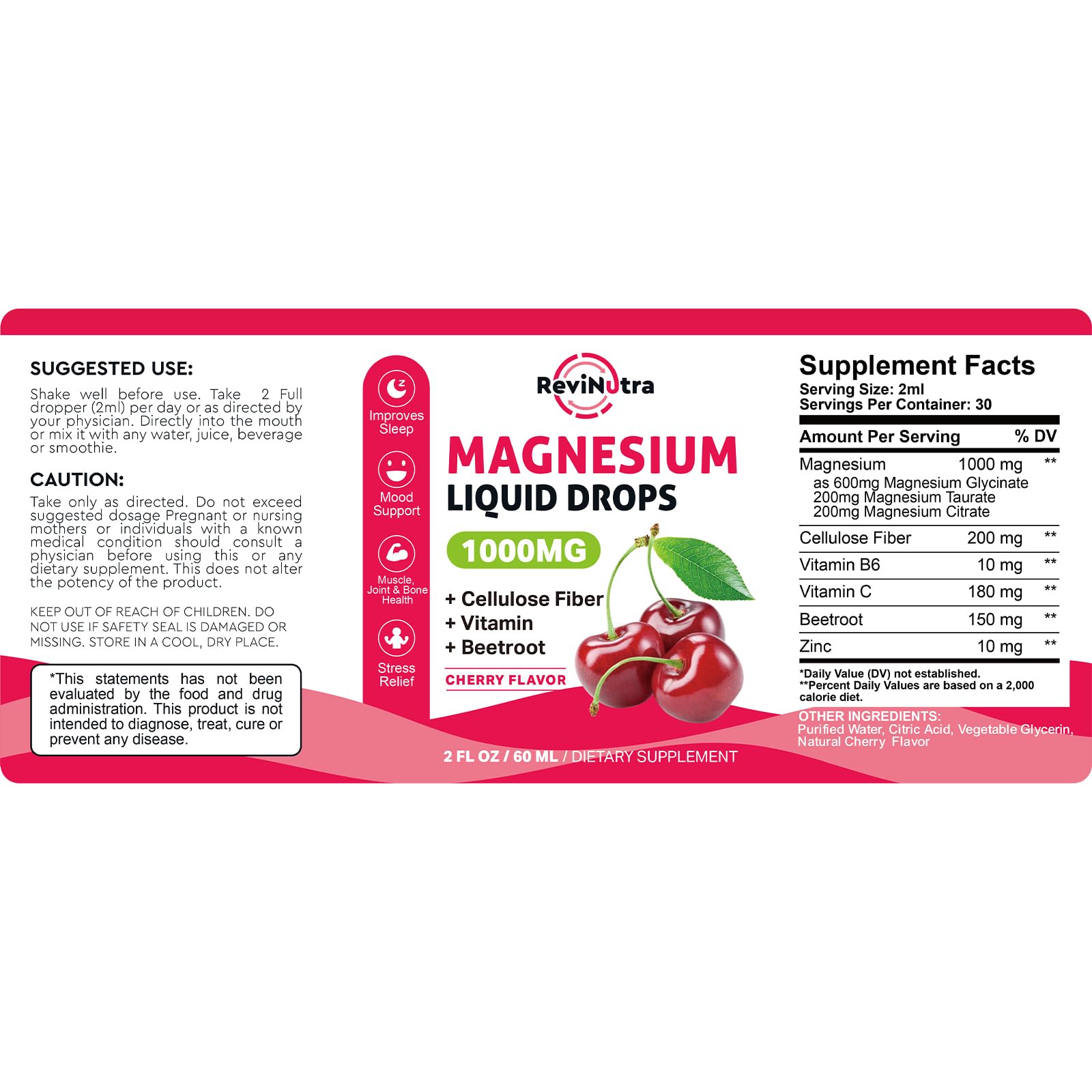 Magnesium Glycinate Liquid Drops, 1000mg Magnesium Glycinate, Citrate & Taurate with Fiber, Beetroot, Vitamin B & C for Sleep, Calm, Muscle, Energy & Relaxation, 2 Fl Oz, Sugar-Free Cherry Flavor