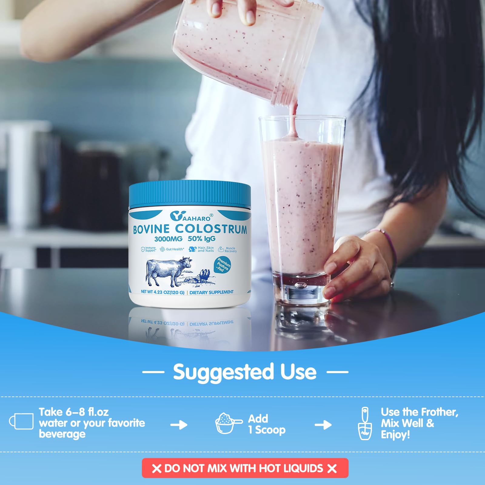 YAAHARO Bovine Colostrum Powder 2500mg, Collagen peptides 500mg, 50% IgG Bovine Colostrum for Humans, Gut Health, Immune Support, Hair & Nail Growth 4.23OZ