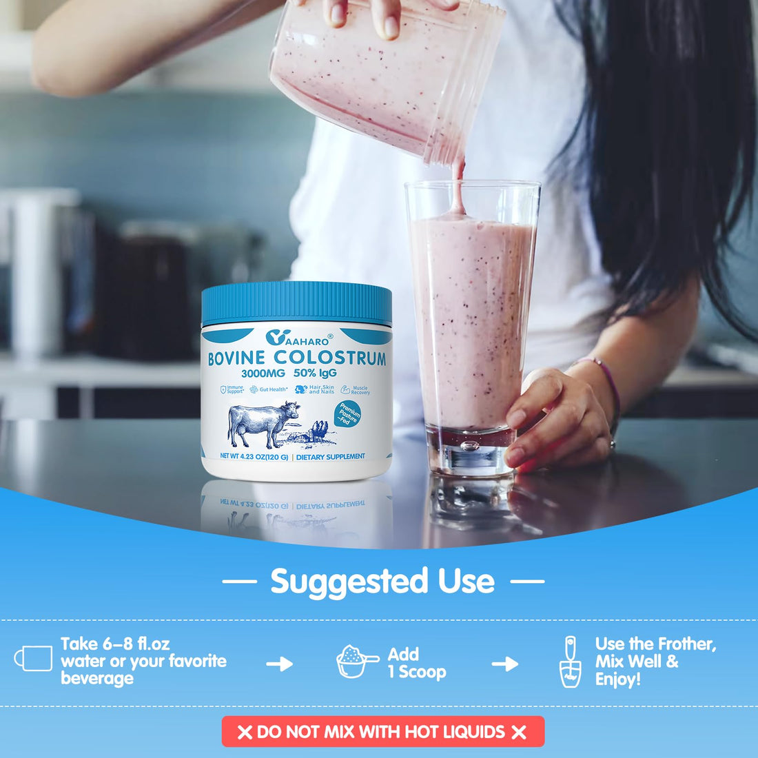 YAAHARO Bovine Colostrum Powder 2500mg, Collagen peptides 500mg, 50% IgG Bovine Colostrum for Humans, Gut Health, Immune Support, Hair & Nail Growth 4.23OZ