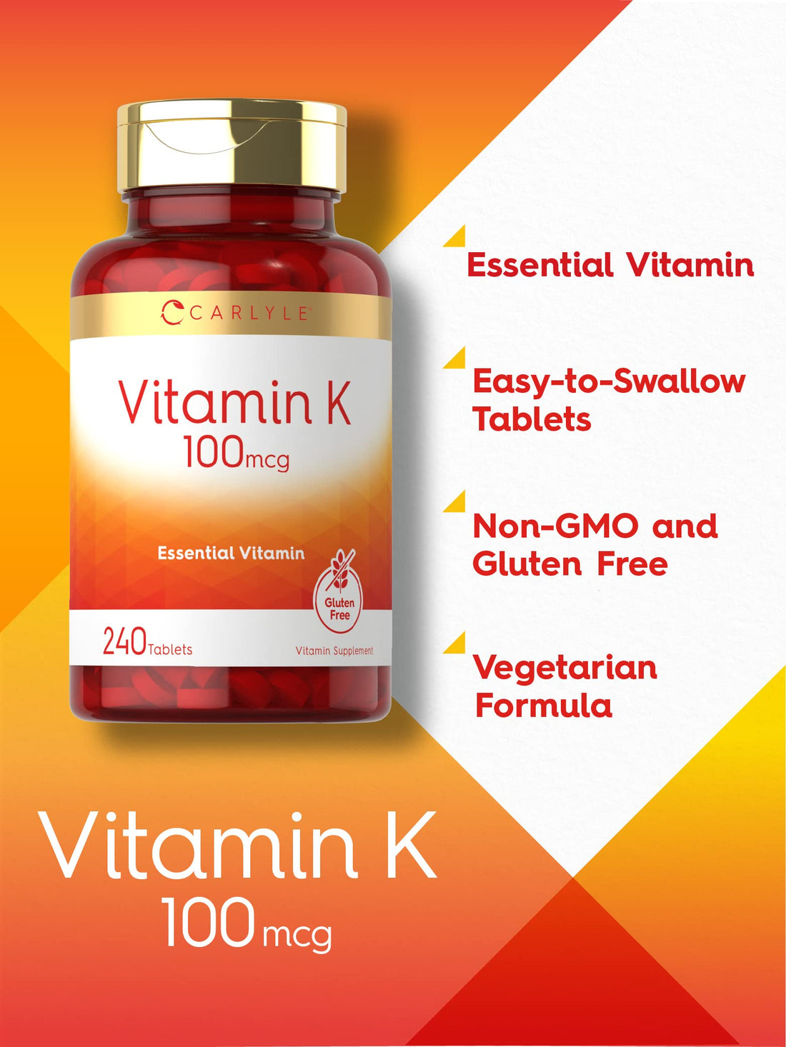 Carlyle Vitamin K 100 mcg | 240 Tablets | Vegetarian, Non-GMO, Gluten Free | Vitamin K Supplement
