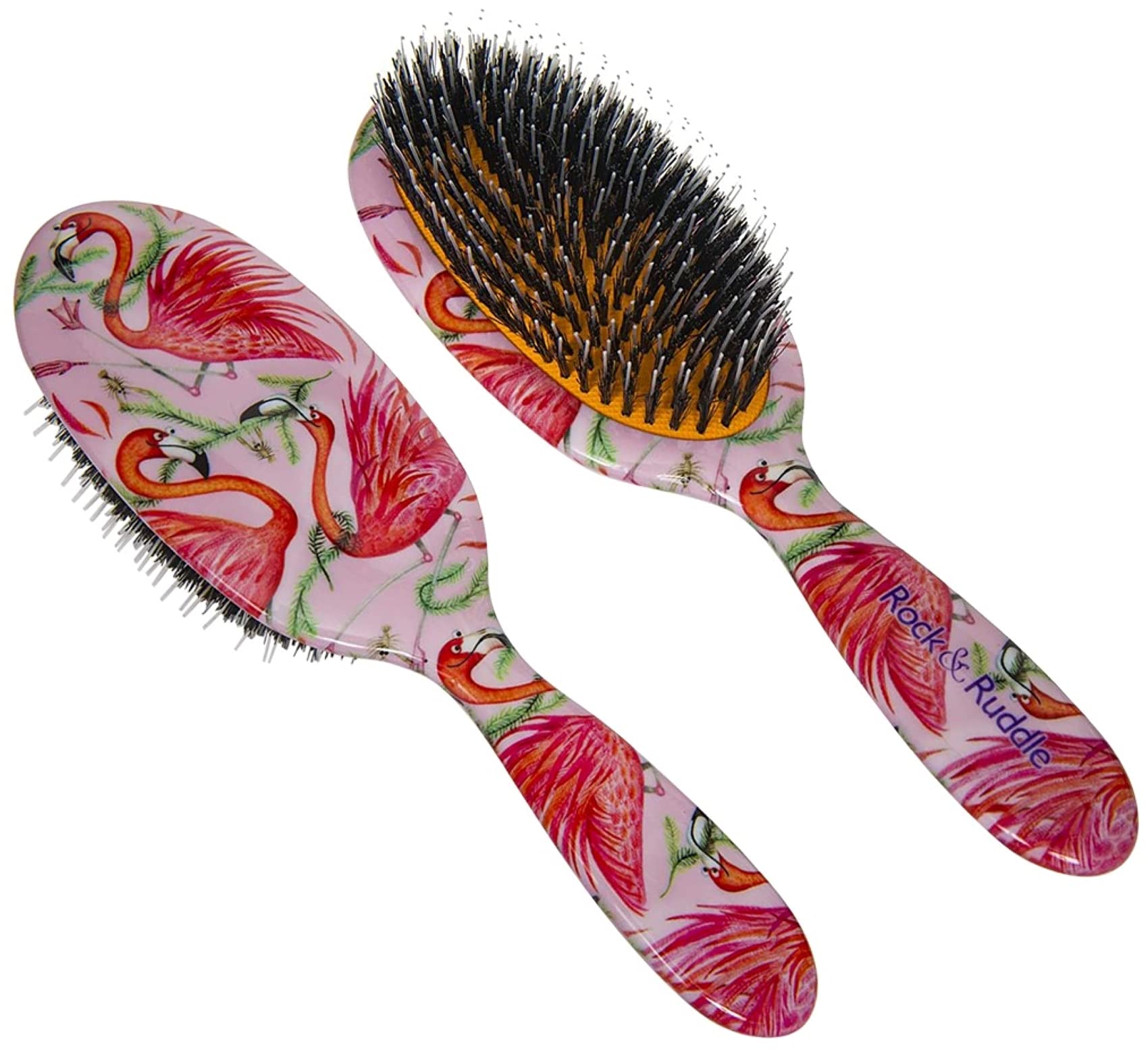 Rock & Ruddle Natural Mixed Boar Bristle Hair Brush for Women and Kids (Large 8.3) - Perfect for Wet or Dry Hair, Detangling Smoothing Blowdrying - Designed & Made in UK - Flamingoes Design