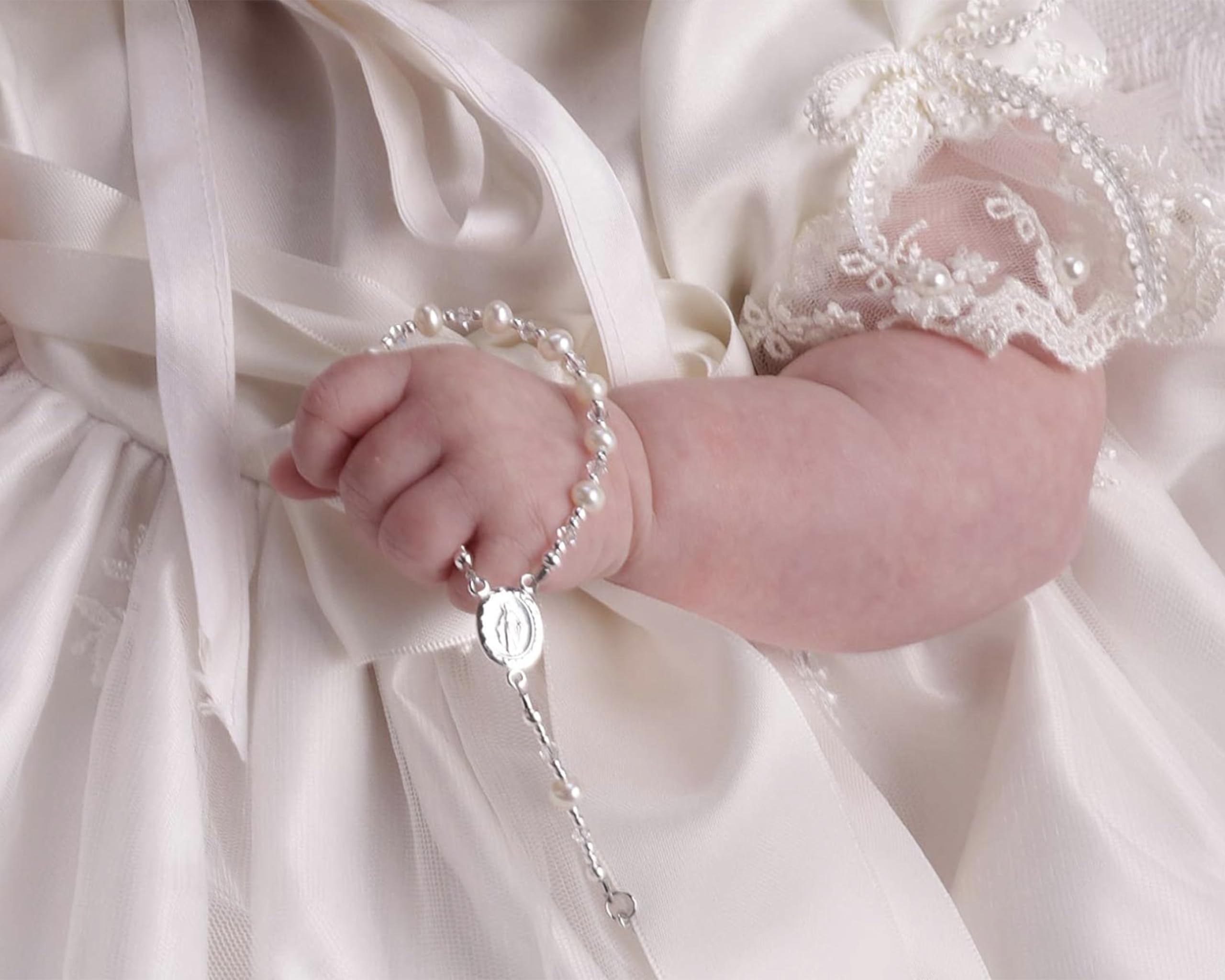 Precious Pieces Sterling Silver White Baby Rosary Baptism Gift