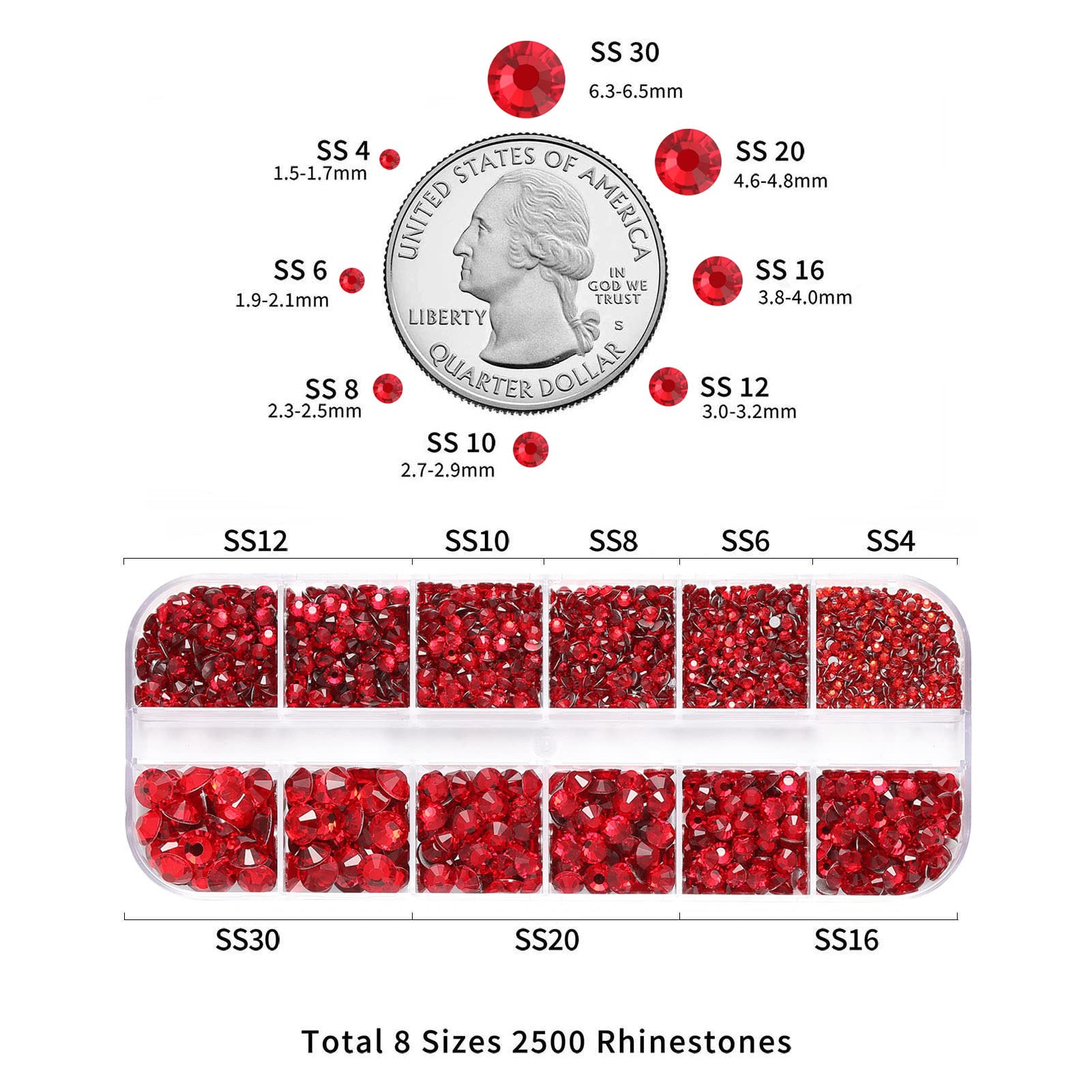 Beadsland 2500pcs Red Rhinestones, Flatback Gems Round Red Crystal Rhinestones for Crafts Mixed 8 Sizes SS4~SS30 with Picking Tweezer and Pen (Siam)