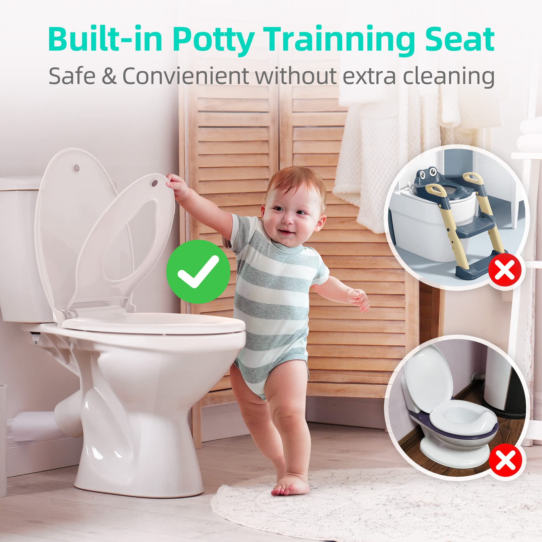 Elongated Toilet Seat with Built-in Potty Training Seat for Toddlers& Adults, Slow Close, Never Loosen, Heavy Duty, Ergonomic, Space Saving Toddler Toilet Seat(Elongated 18.5, Oval)