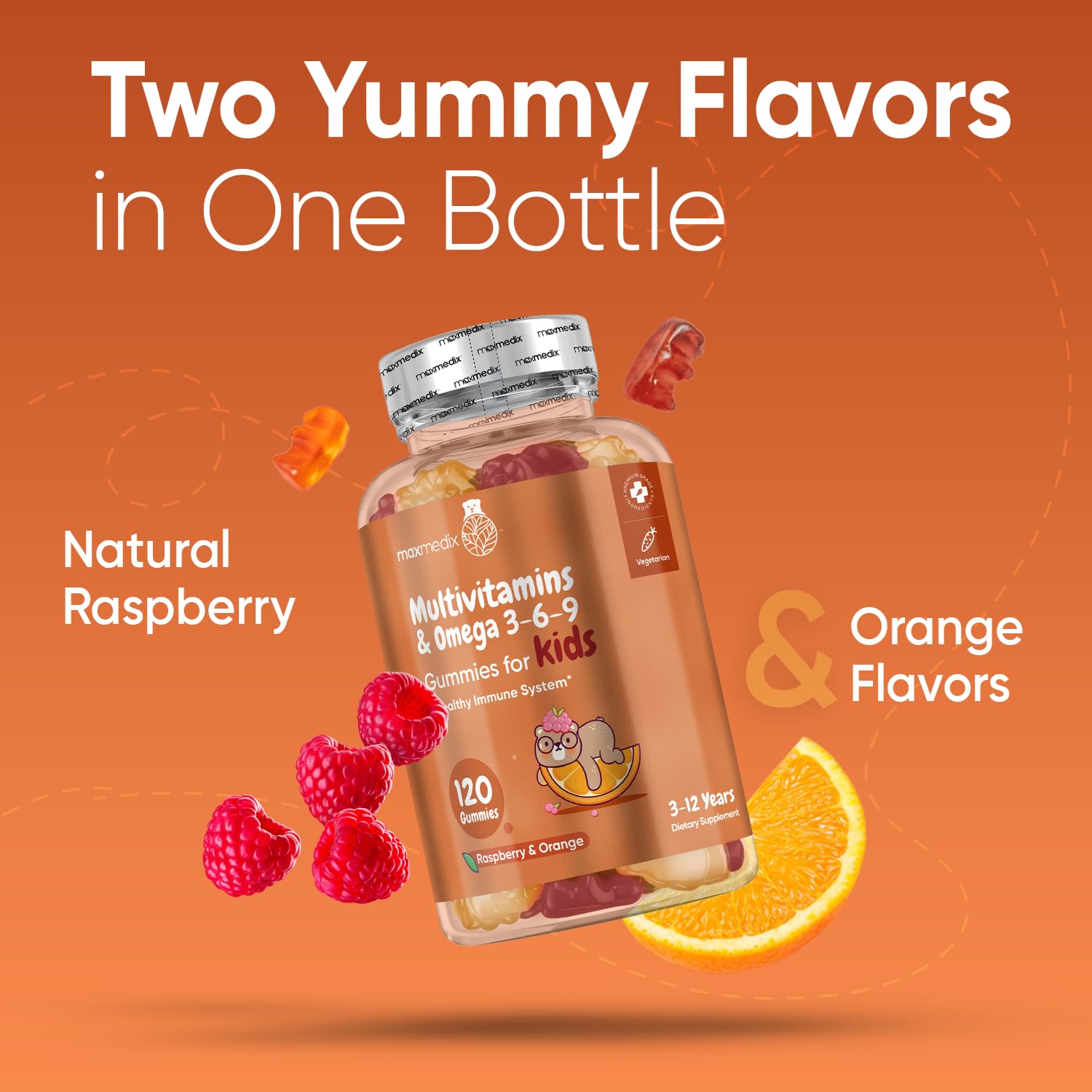 maxmedix Kids Multivitamin Gummies & Omega 3, 6 & 9-120 Gummies (2 Months Supply) - for Healthy Immune System - Enriched with 12 Essential Vitamins - Natural Raspberry & Orange Flavor (3-12 Years)