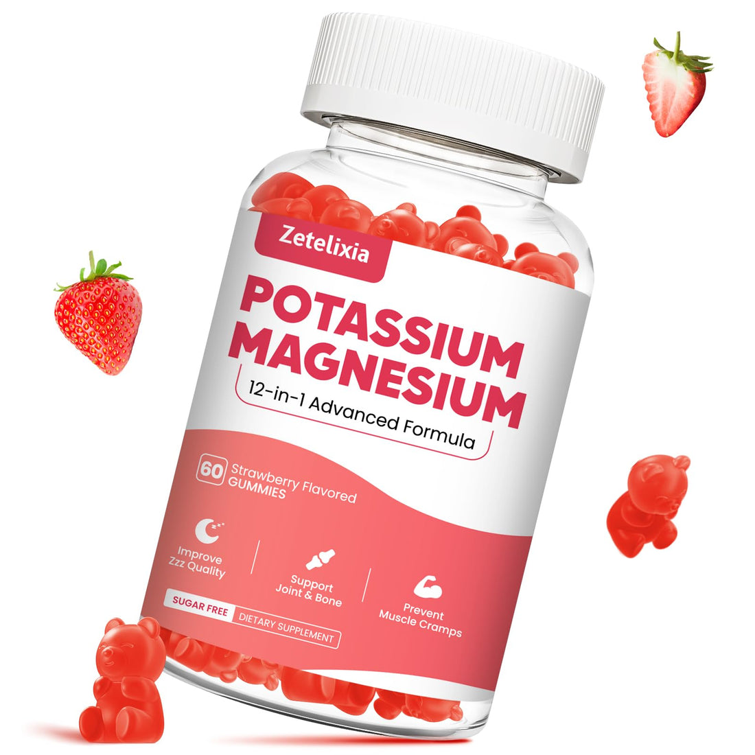 Potassium Magnesium Supplement Gummies for Adults Kids, Magnesium Glycinate & Potassium Citrate, Plus Multivitamin, Omega-3 & Black Pepper, Leg Cramps, Muscle & Heart Health, 60ct