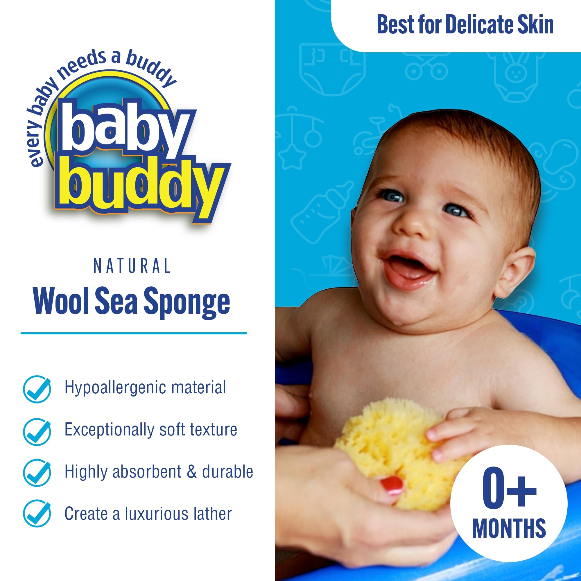Baby Buddy Natural Wool Sea Sponge, Newborn Bath Time Essential, Ultra Soft for Delicate Skin, Hypoallergenic and Biodegradable, 1 pack