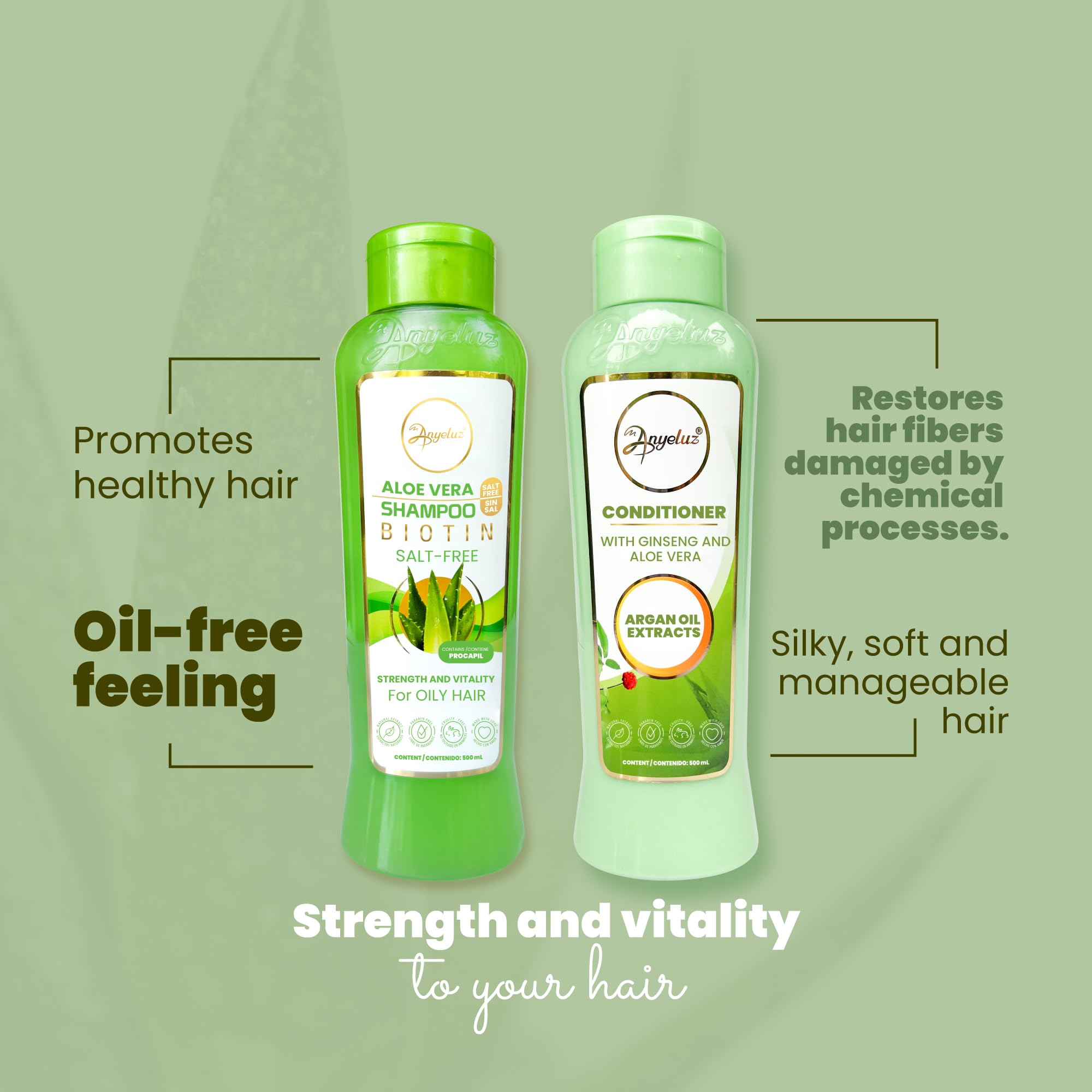 ANYELUZ Aloe Vera Shampoo and Conditioner Set, With Biotin, Provides Strength and Vitality to your Hair, Removes Excess Oil and Residues, for All Hair Types