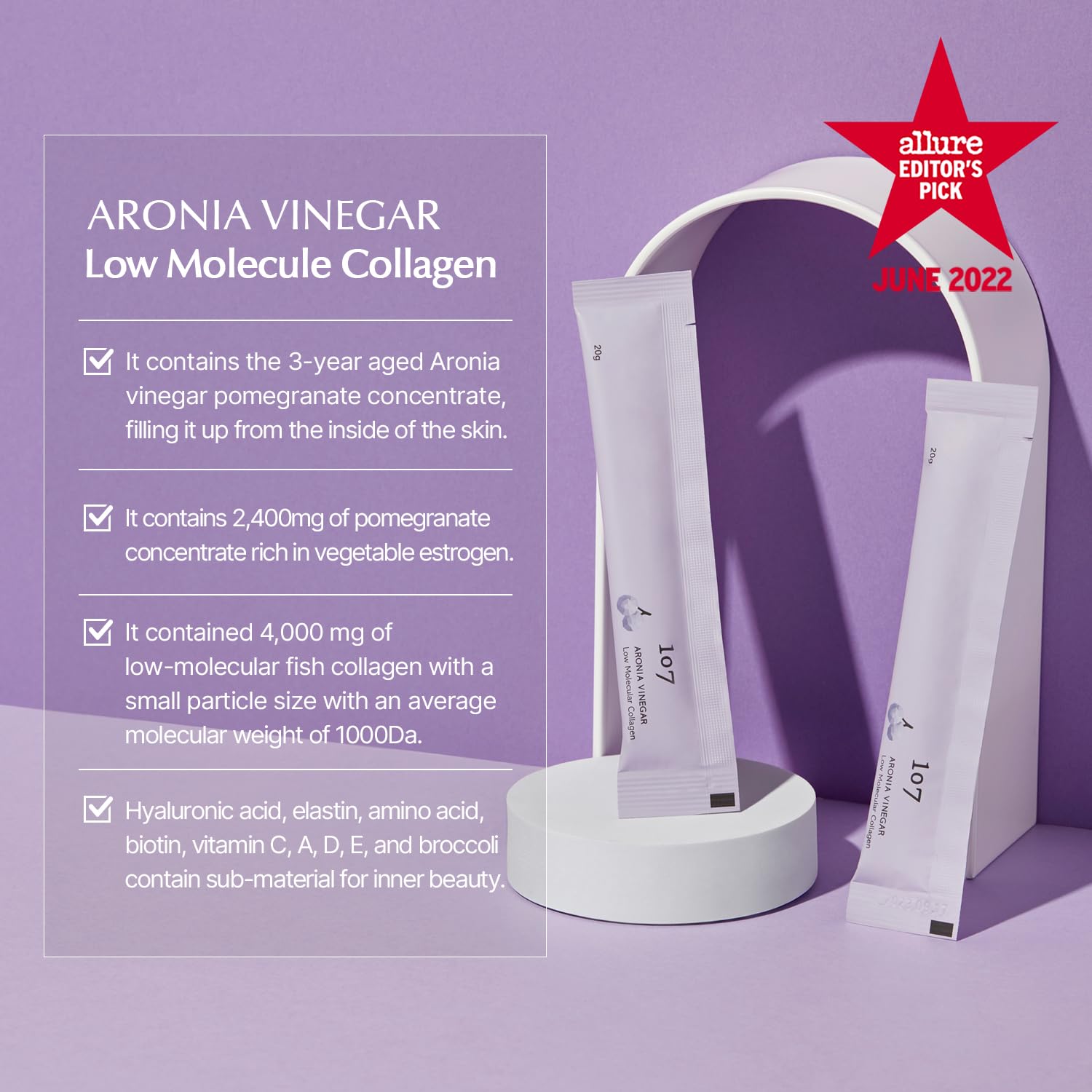 107 ARONIA Vinegar Low Molecular Collagen Jelly Stick l Vitamin, Collagen, Hyaluronic Acids, Elastin, Probiotic l Korean Beauty Collagen l Inner Beauty Collagen Sticks (20g x 14 Pouches)