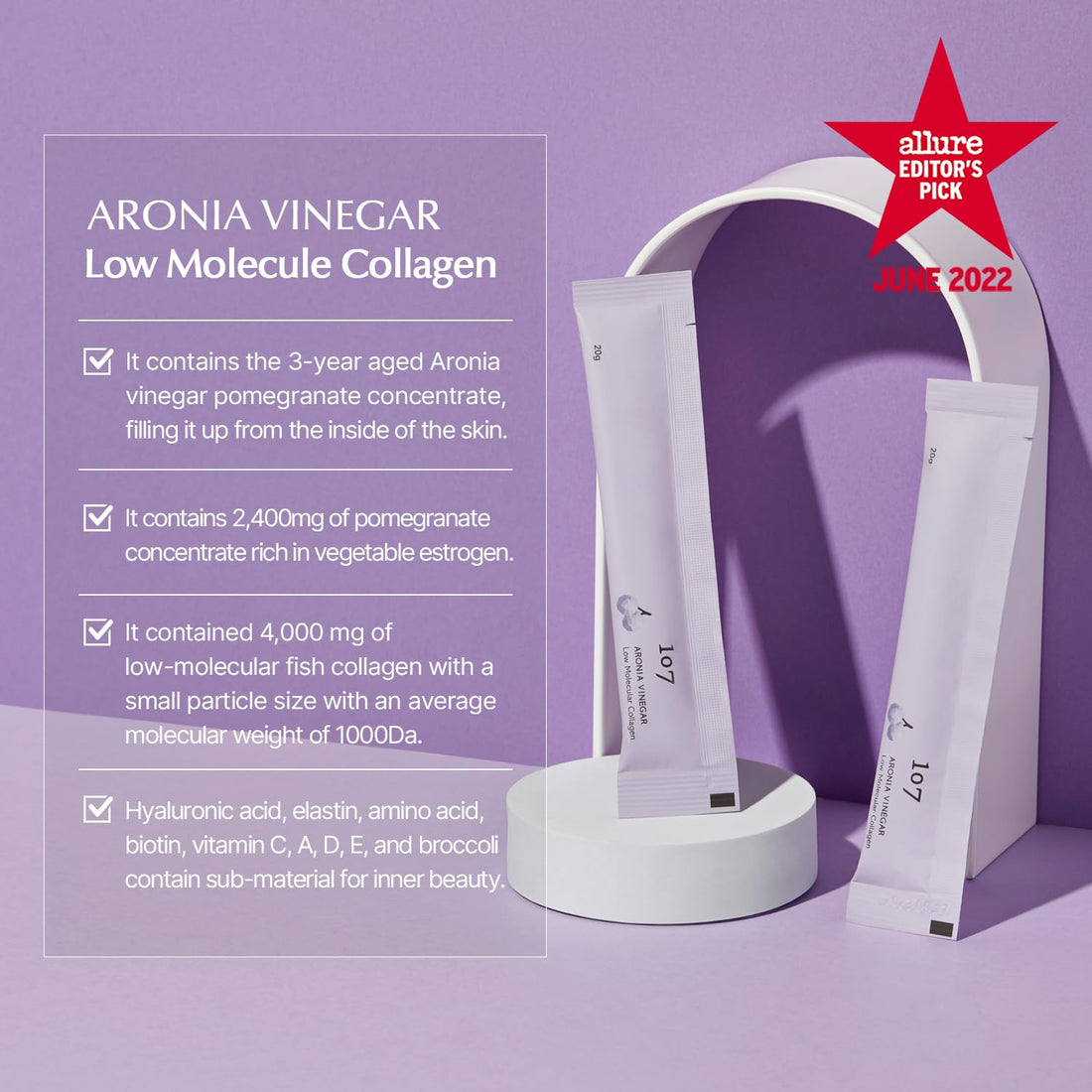 107 ARONIA Vinegar Low Molecular Collagen Jelly Stick l Vitamin, Collagen, Hyaluronic Acids, Elastin, Probiotic l Korean Beauty Collagen l Inner Beauty Collagen Sticks (20g x 14 Pouches)
