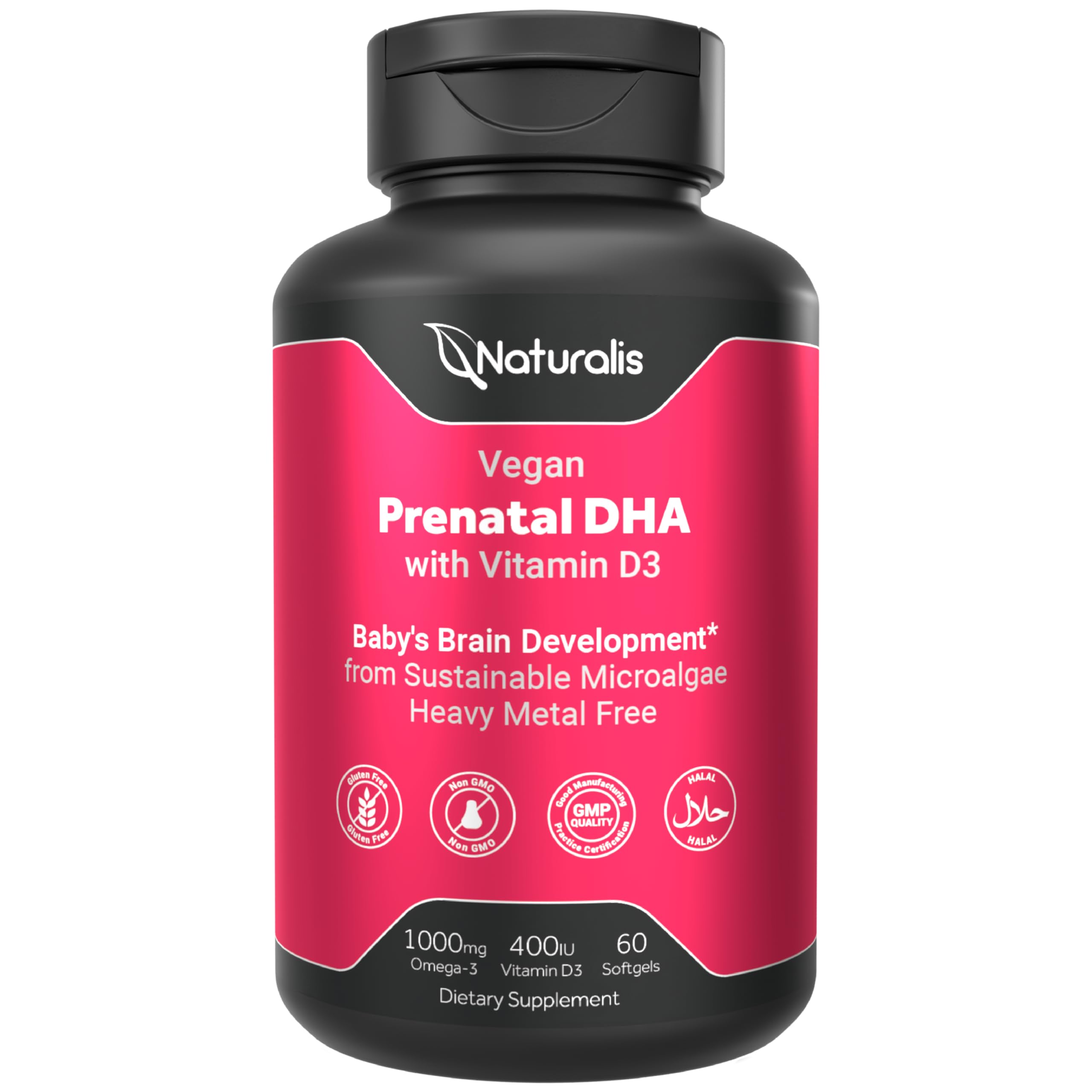 Naturalis Vegan Prenatal with Full Specrum Omega-3 | Algae DHA, EPA, DPA, Vitamin D3 & Active Folate L 5-MTHF | Vegan Society Certified, Sustainably Sourced, Non-GMO & Soy Free | 60 Veggie Softgels